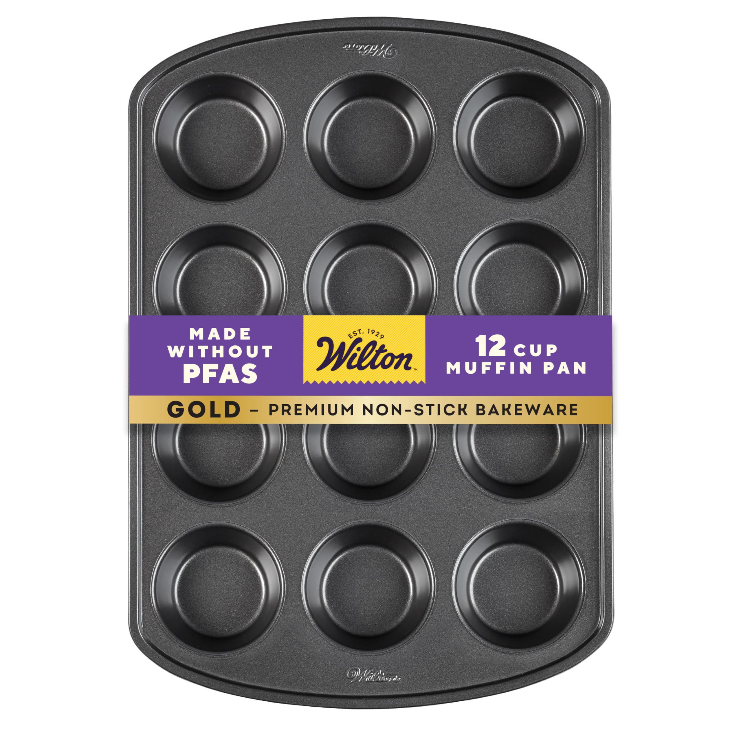 Wilton Gold Non-Stick 12 -Cup Muffin Pan, Cold-Rolled Steel Bakeware, Made without PFAS