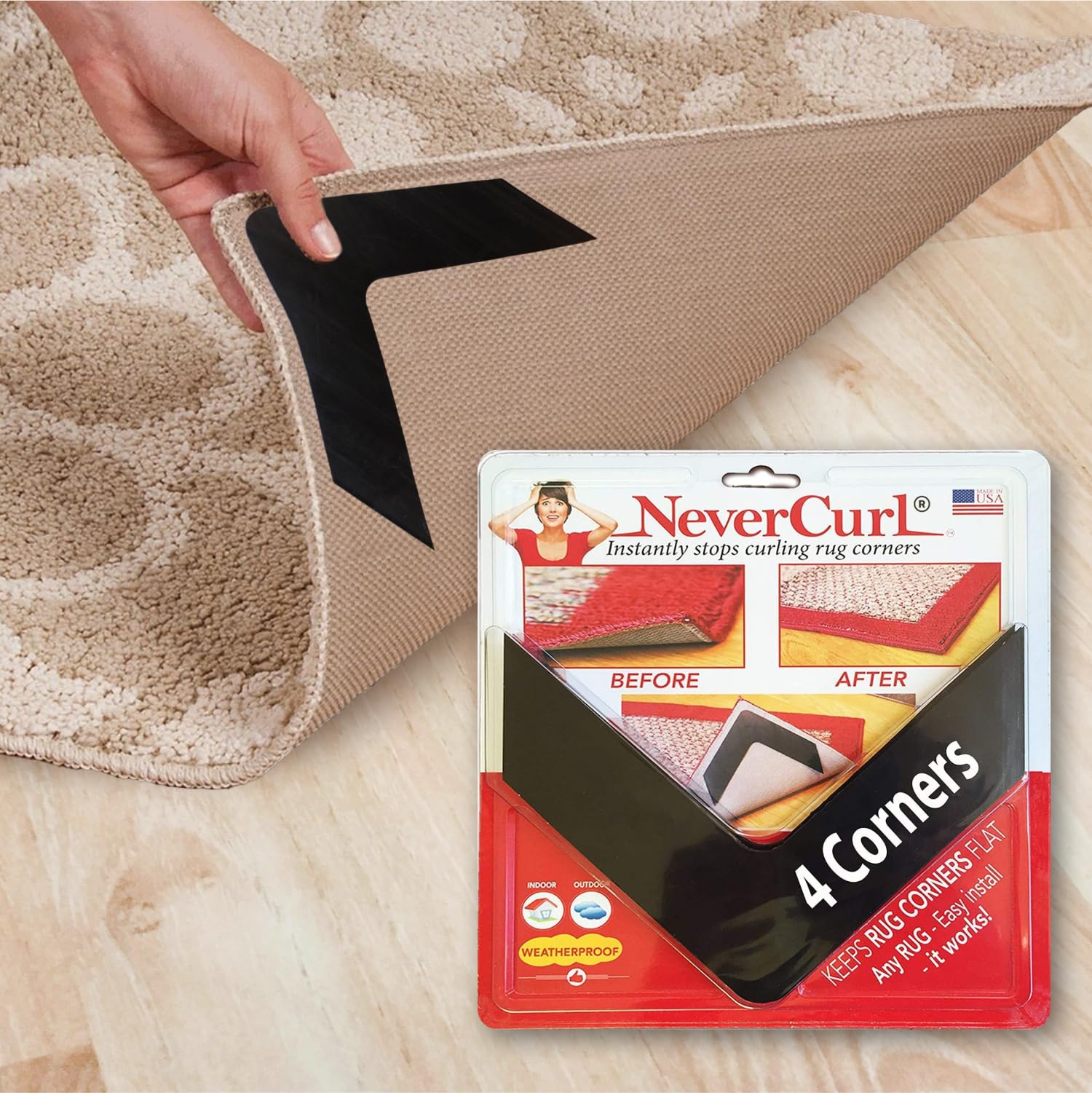 NeverCurl 4-Pack V Shape Rug Corner Grippers - Rug Gripper for Hardwood Floors and Outdoor Surfaces - Stops Curling Corners - Safe Carpet Tape Alternative - Works on Rug Corners Indoors 7.5"L x 7.5"W 4