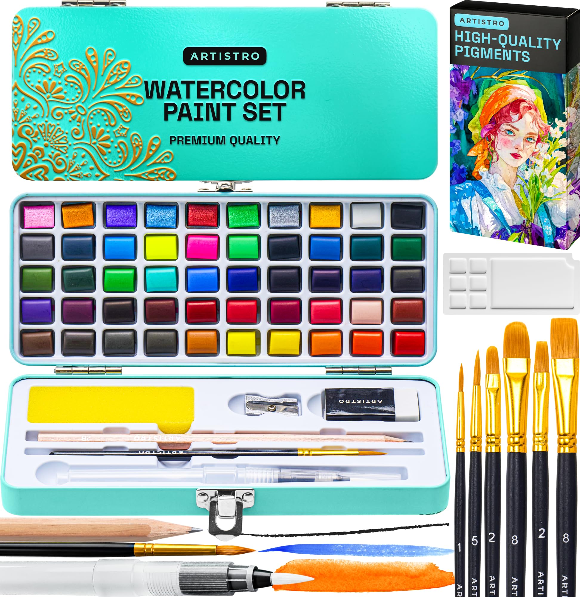 ARTISTRO 50 Color Watercolor Paint Set — Portable Kit with Palette and Brush Pens