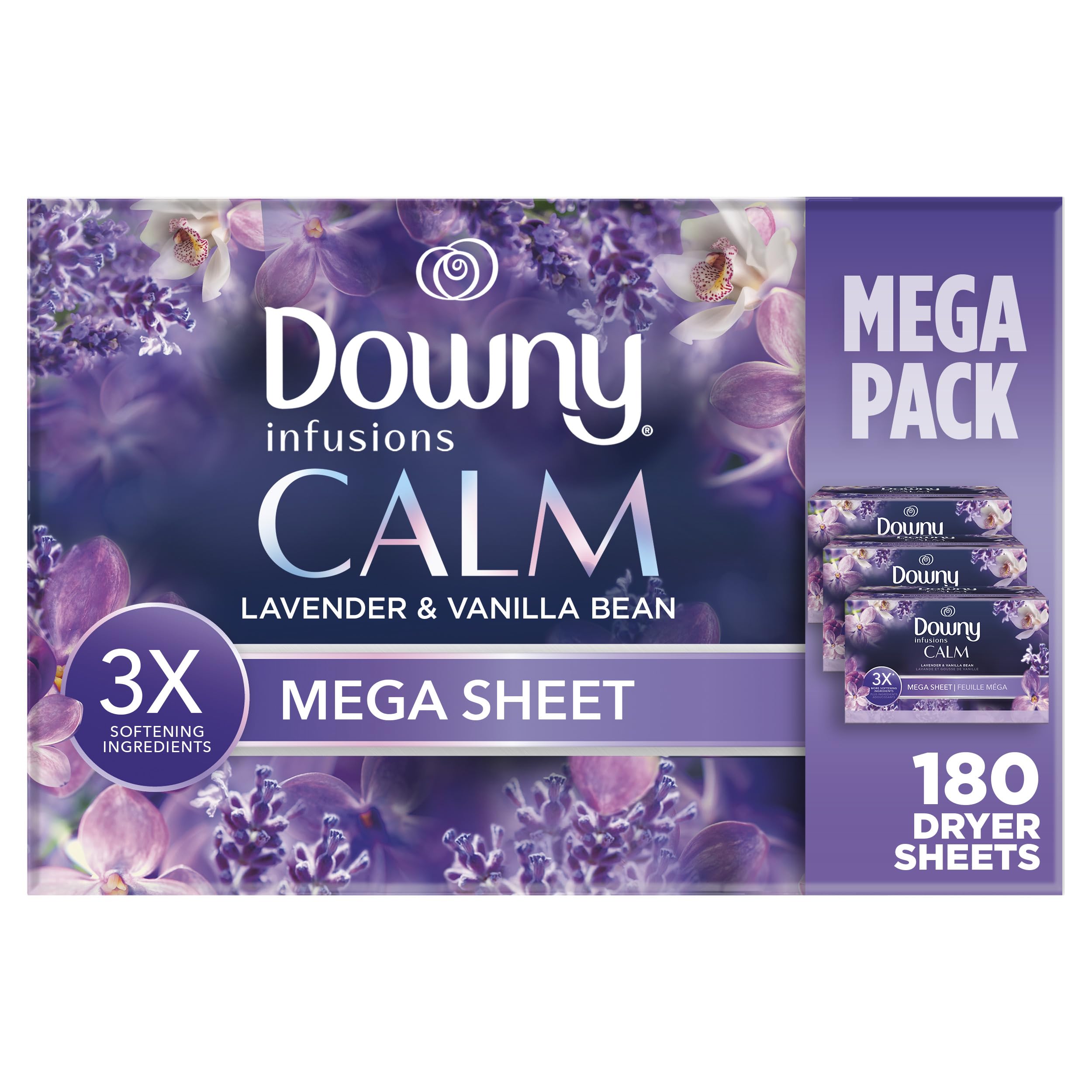 Downy Calm Mega Dryer Sheets, Large Fabric Softener Sheets for Laundry , Static Guard & Softness Boost, Laundry Dryer and Fabric Sheets, 180 Count 180 Count (Pack of 1) Lavender & Vanilla Bean