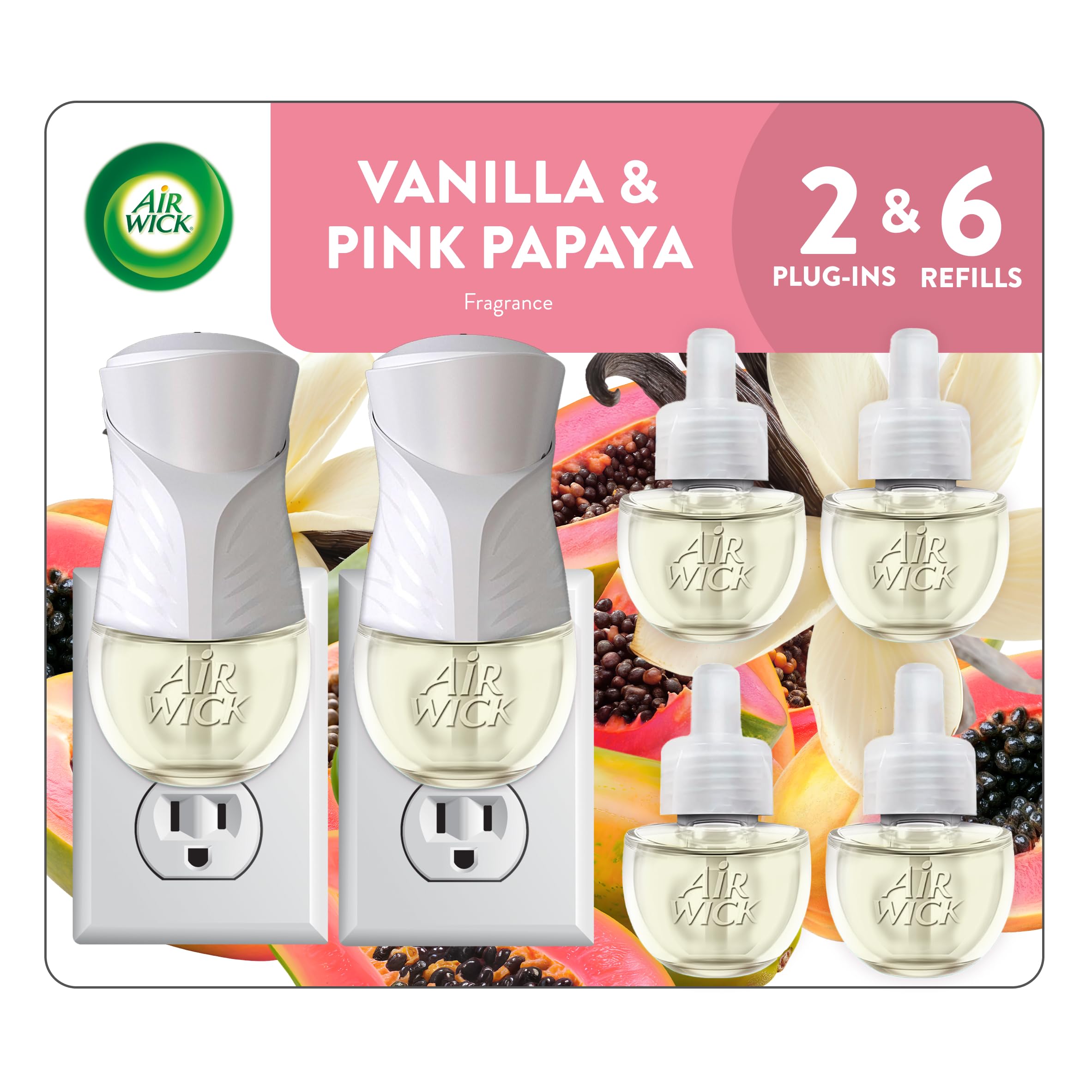 Air Wick Plug In Scented Oil Starter Kit — Vanilla & Pink Papaya (2 Warmers + 6 Refills)