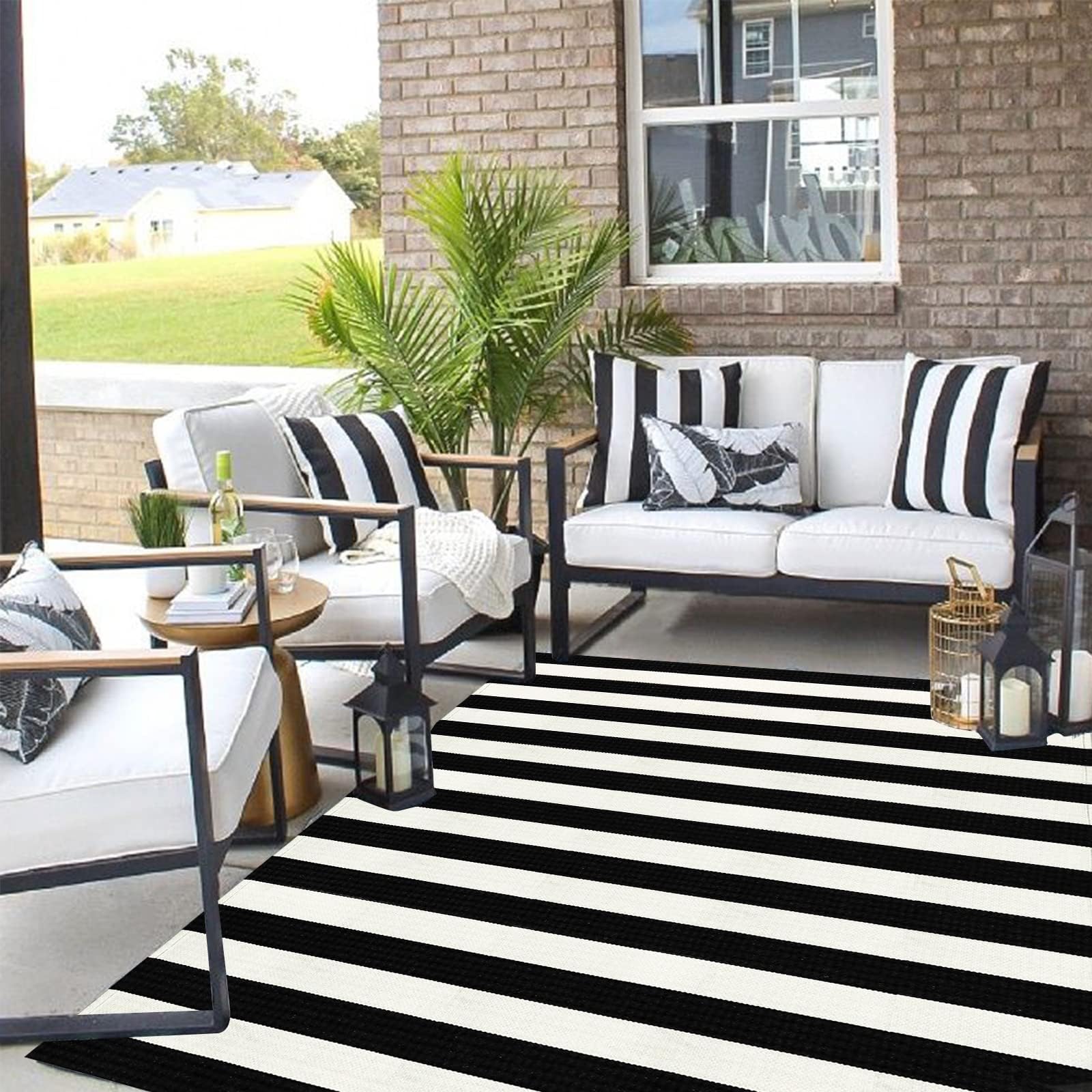 LEEVAN Black & White Striped Washable Rug