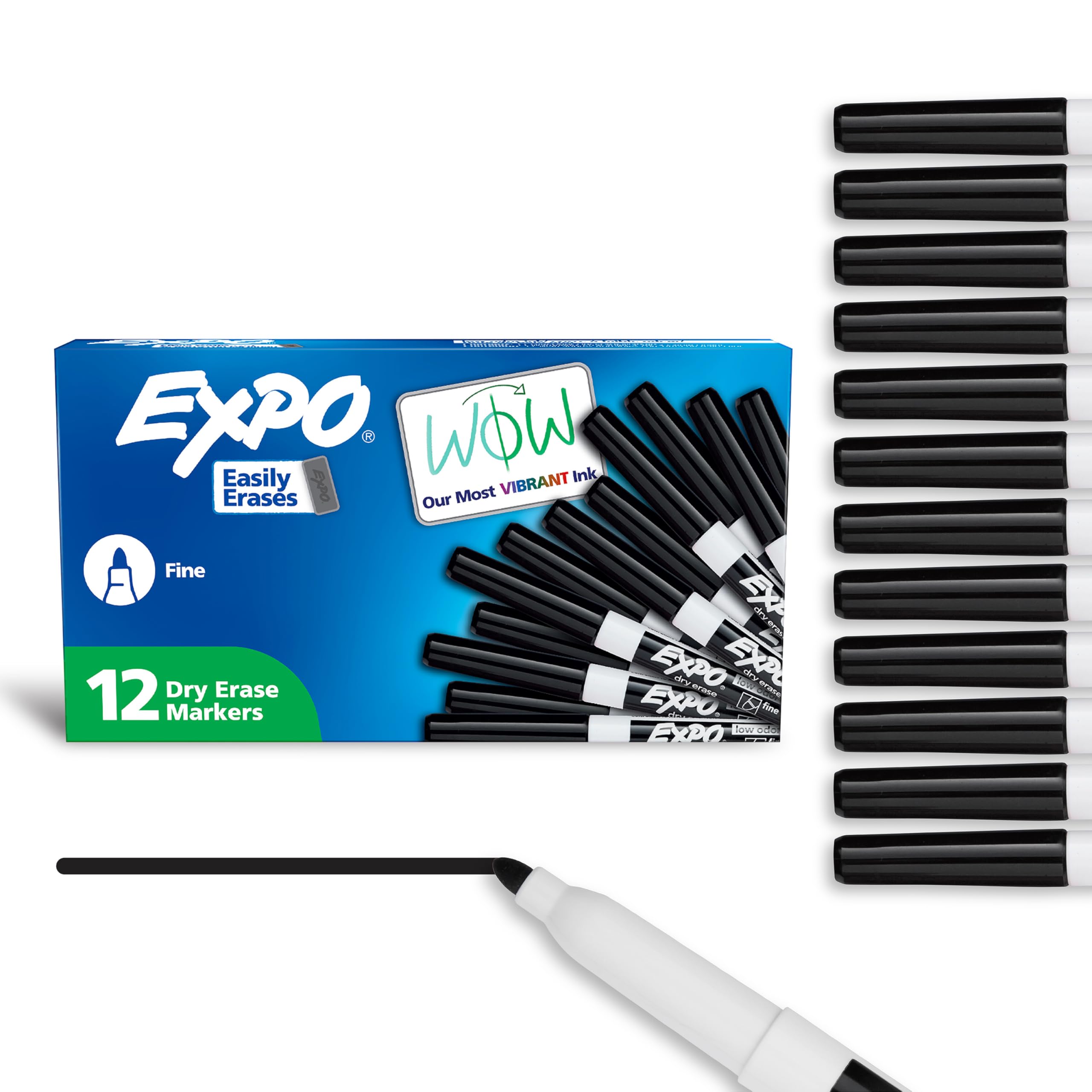 EXPO Dry Erase Markers, Low Odor Ink, Black, Fine Tip, 12 Count