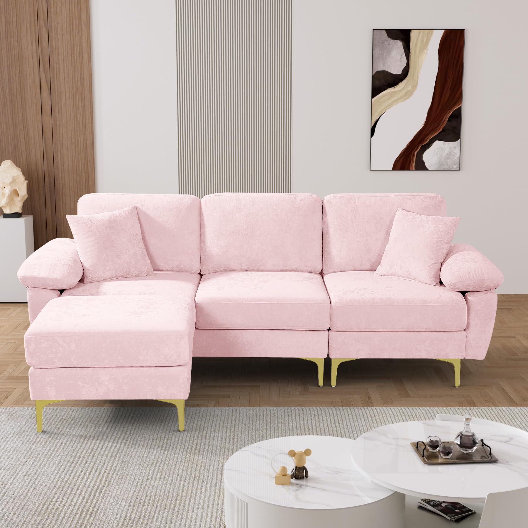 OUYESSIR L-Shaped Velvet Sectional with Ottoman