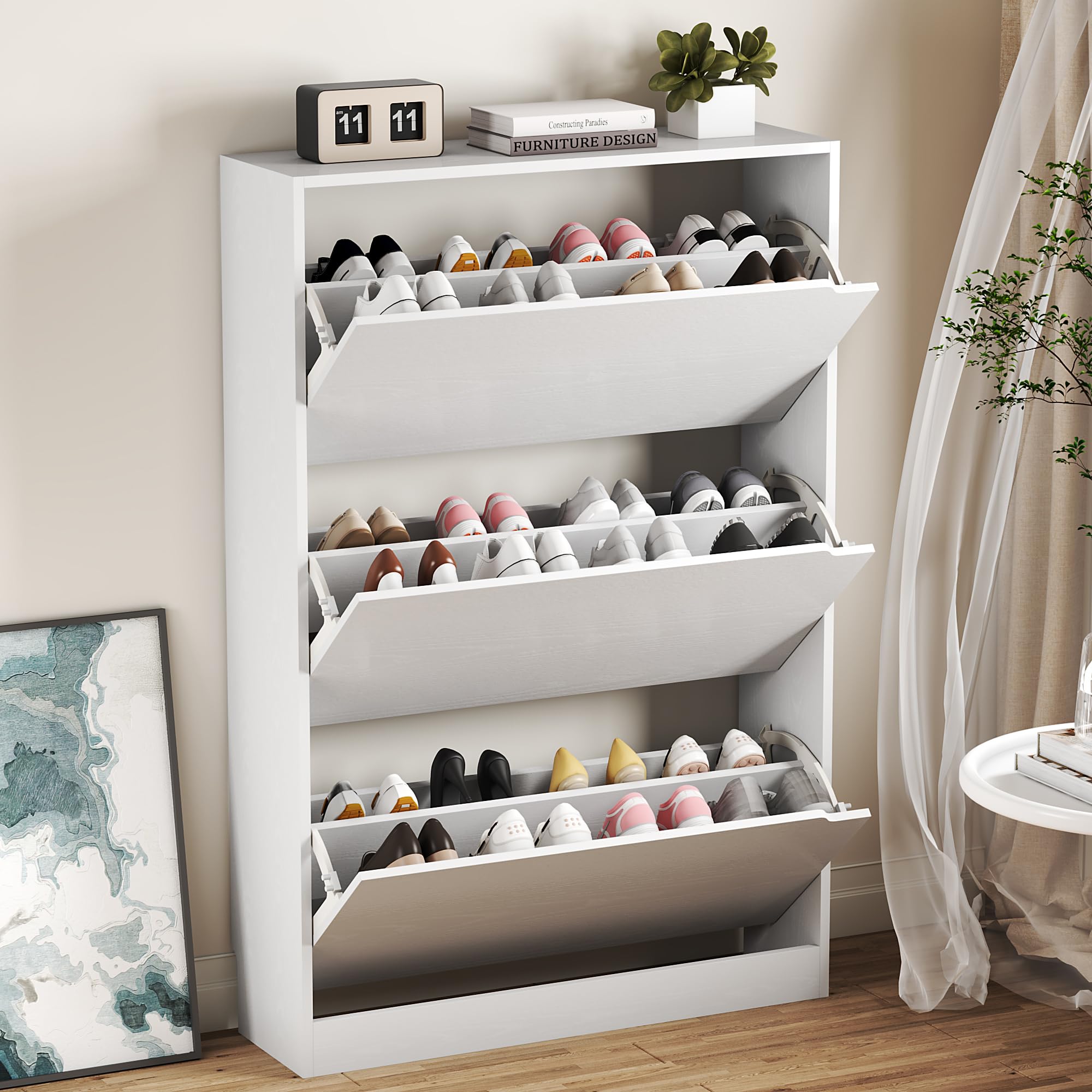 BORNOON 3-Drawer Flip Shoe Cabinet (White)