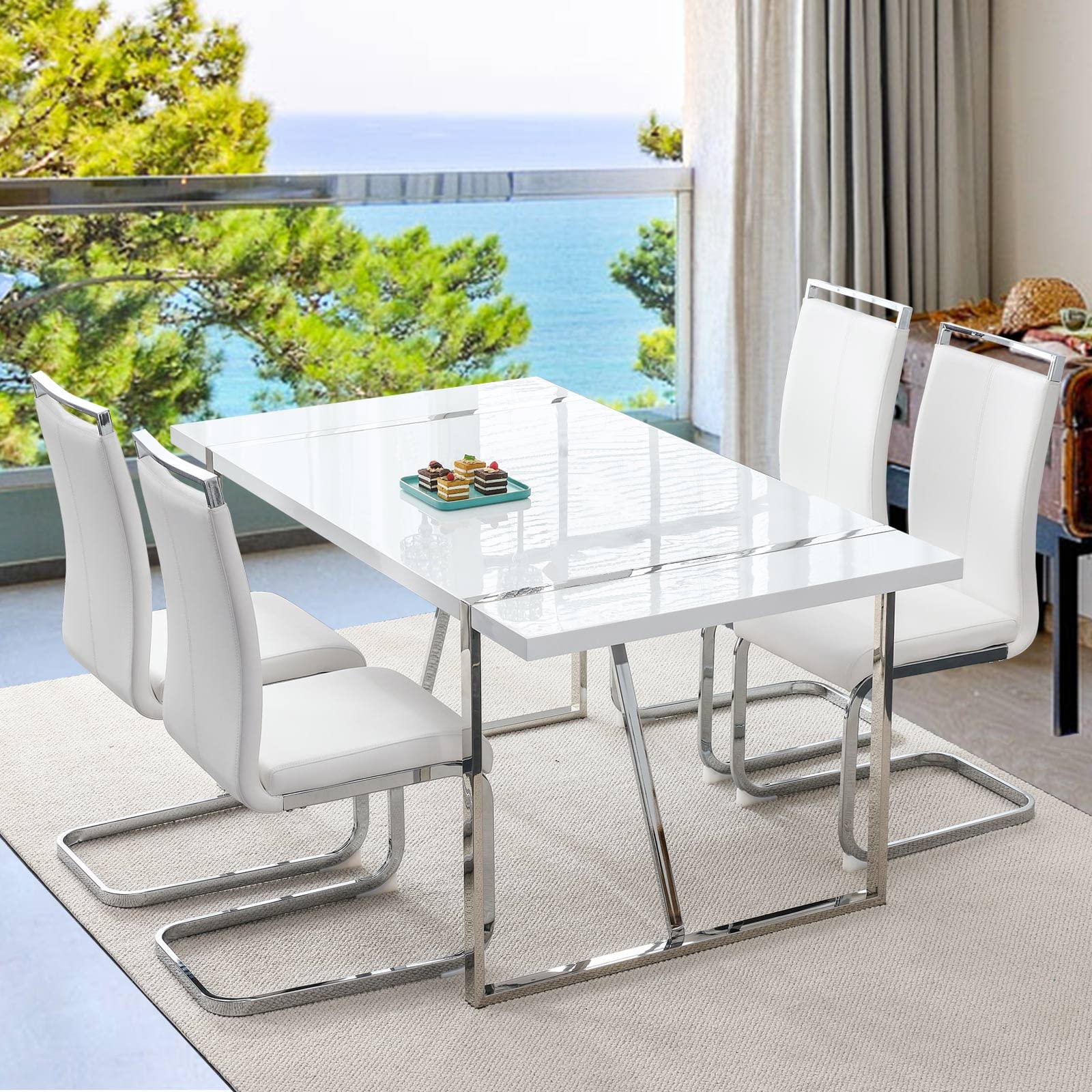 White 55-inch MDF Dining Set with PU Chairs