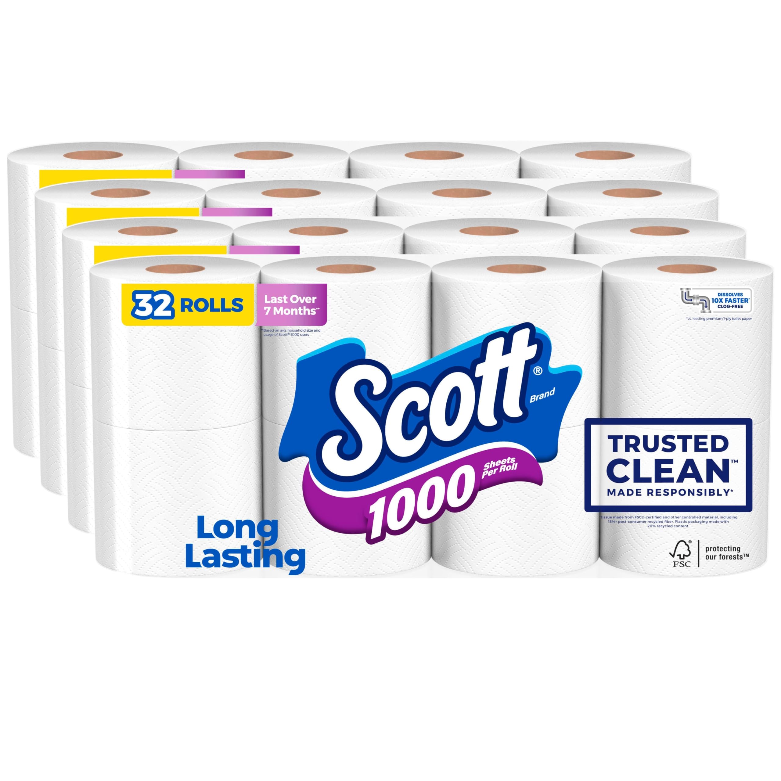 Scott 1000 Trusted Clean Toilet Paper, 32 Rolls, 1-Ply