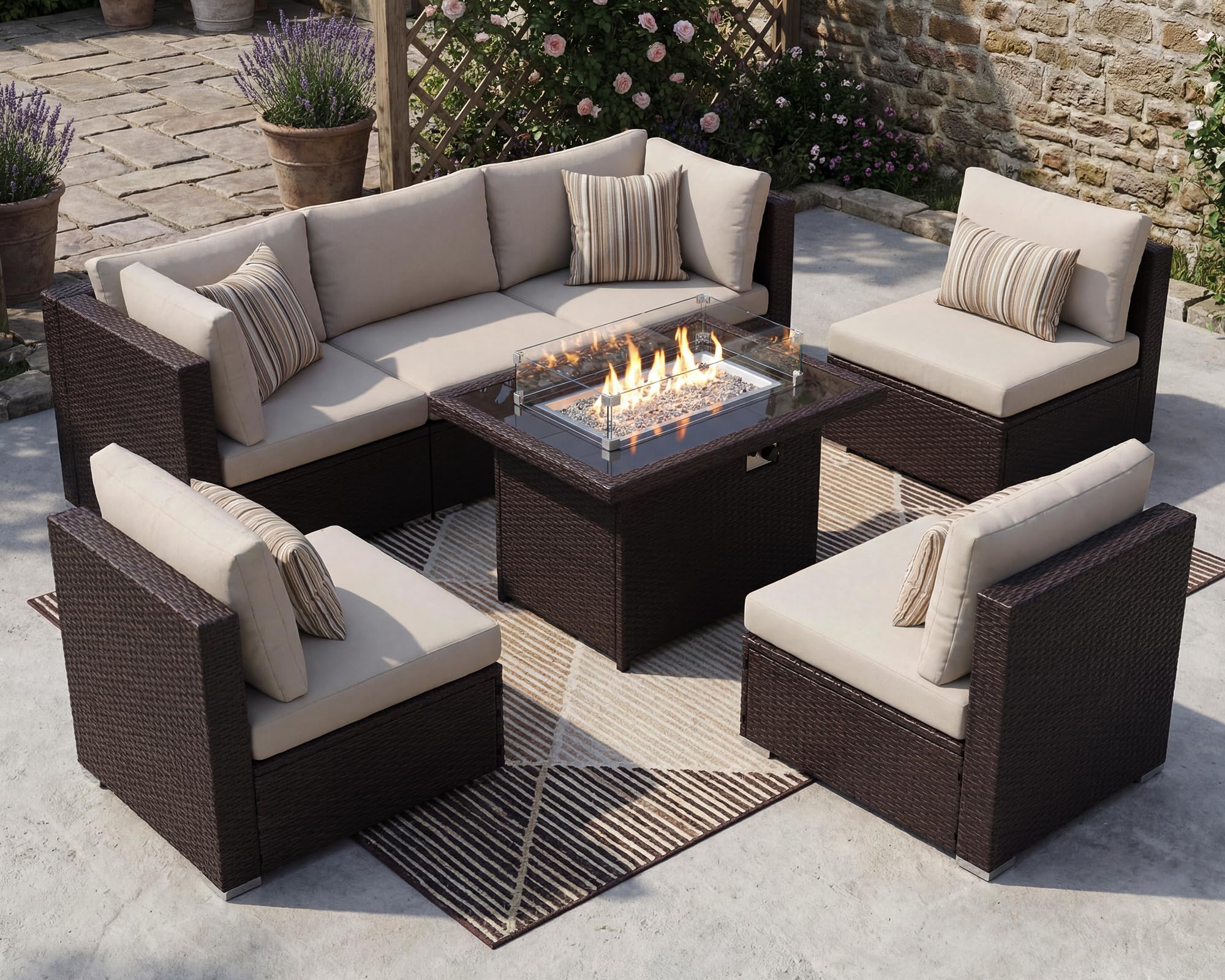 NICESOUL 7-Piece Sectional with Dual-Fuel Fire Pit