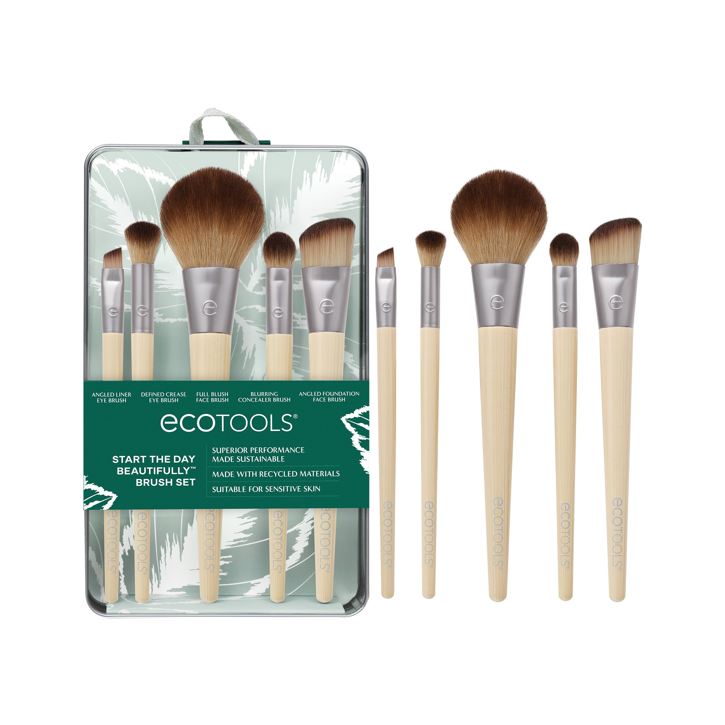 EcoTools 6 Piece Start The Day Beautifully Makeup Brush Set, Makeup Brushes For Eyeshadow, Blush, Concealer, & Foundation Application, Eco-Friendly, Gift Set, Synthetic Hair, Vegan & Cruelty-Free 5 Piece Set Start The Day Beautifully, 6