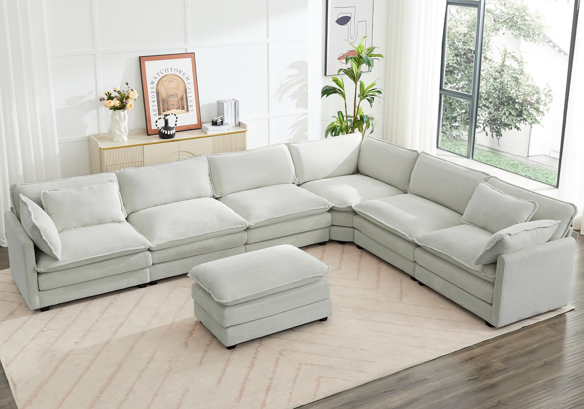 ROWHY 150'' Modular Sectional Corner Cloud Couch — 7 Seater, Corduroy, Light Grey