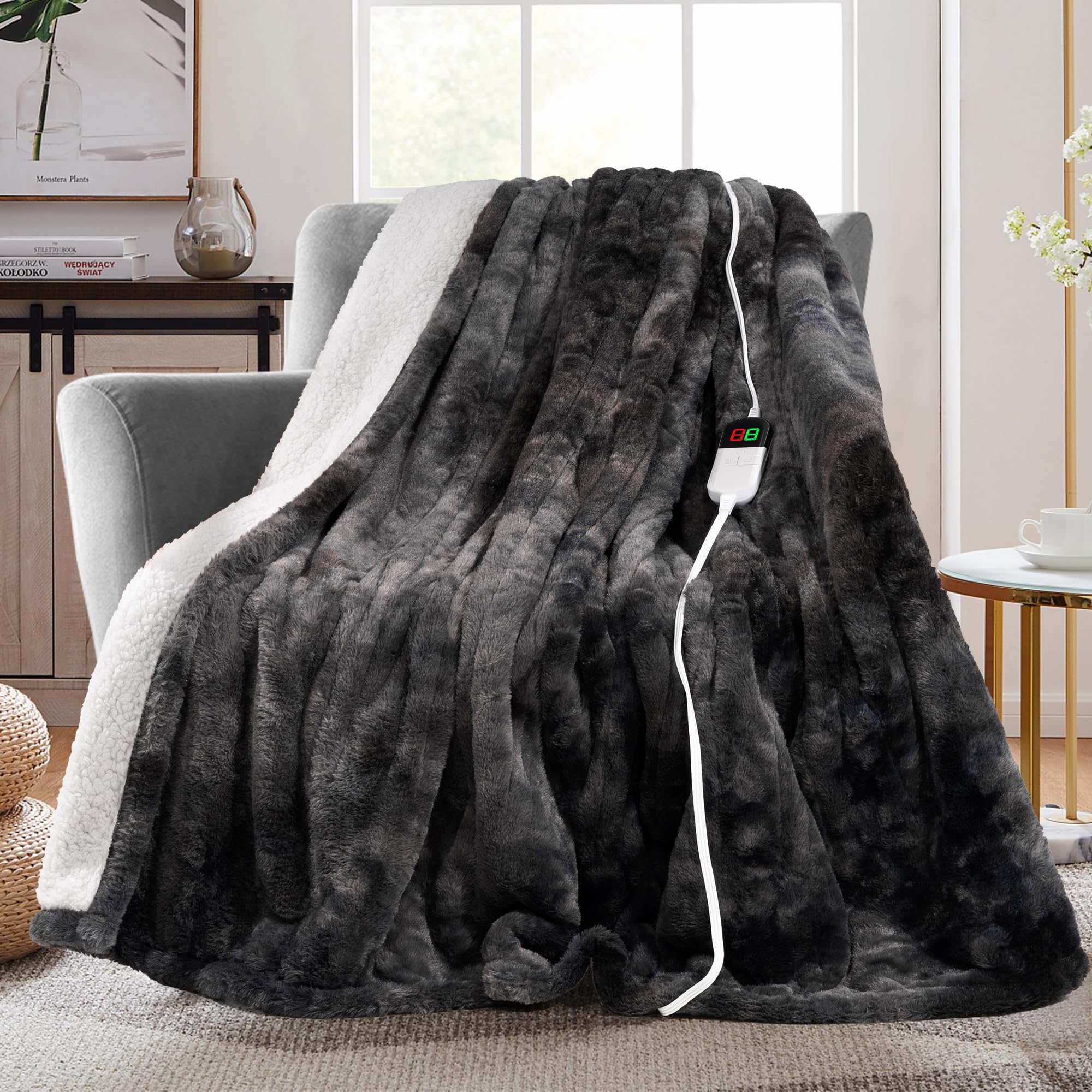 MAXEVE Electric Heated Throw Faux Rabbit Fur Blanket with 8 Heating Levels & 8 Hours Auto Off, Fast Heating, Washable, ETL Certified, Grey 50" x 60"