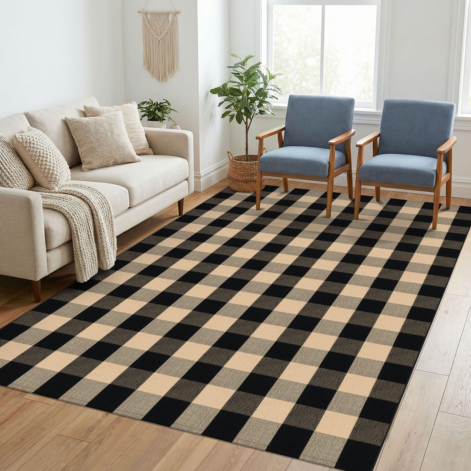 KILOCOCO Buffalo Plaid Checkered Rug — Brown & Black, Cotton-Poly Blend, Washable