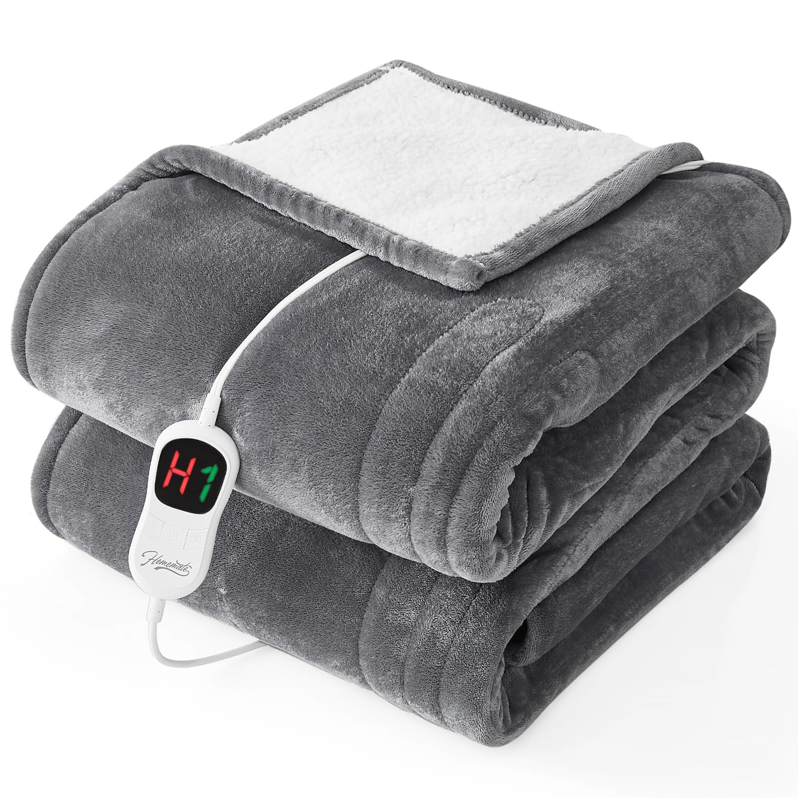 Homemate Electric Heated Blanket Twin 62" x 84" — 10 Levels, 8-Hour Auto-Off, Long Cord (Grey)