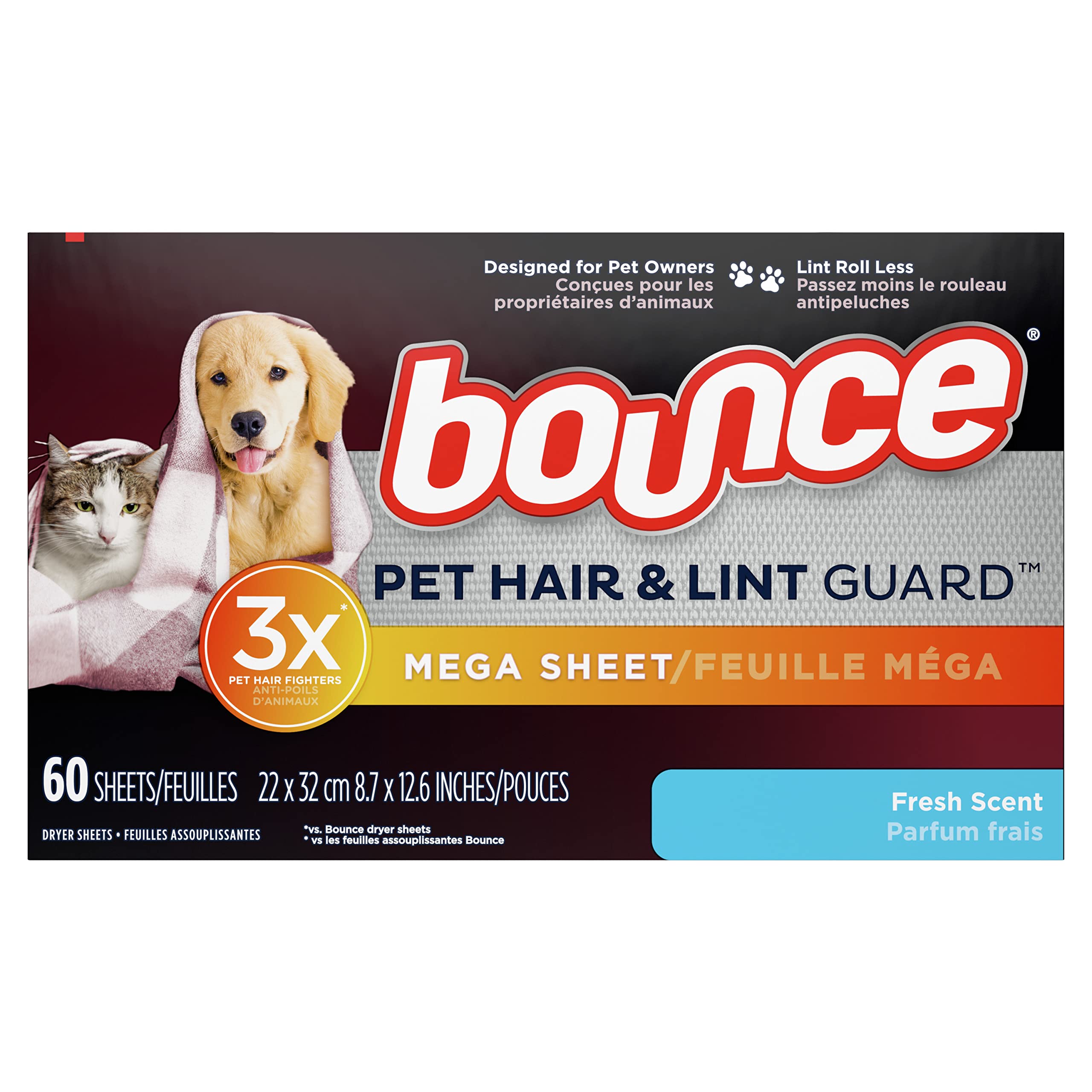 Bounce Pet Hair & Lint Guard Mega Dryer Sheets with 3X Pet Hair Fighters, Fresh Scent, 60 Count