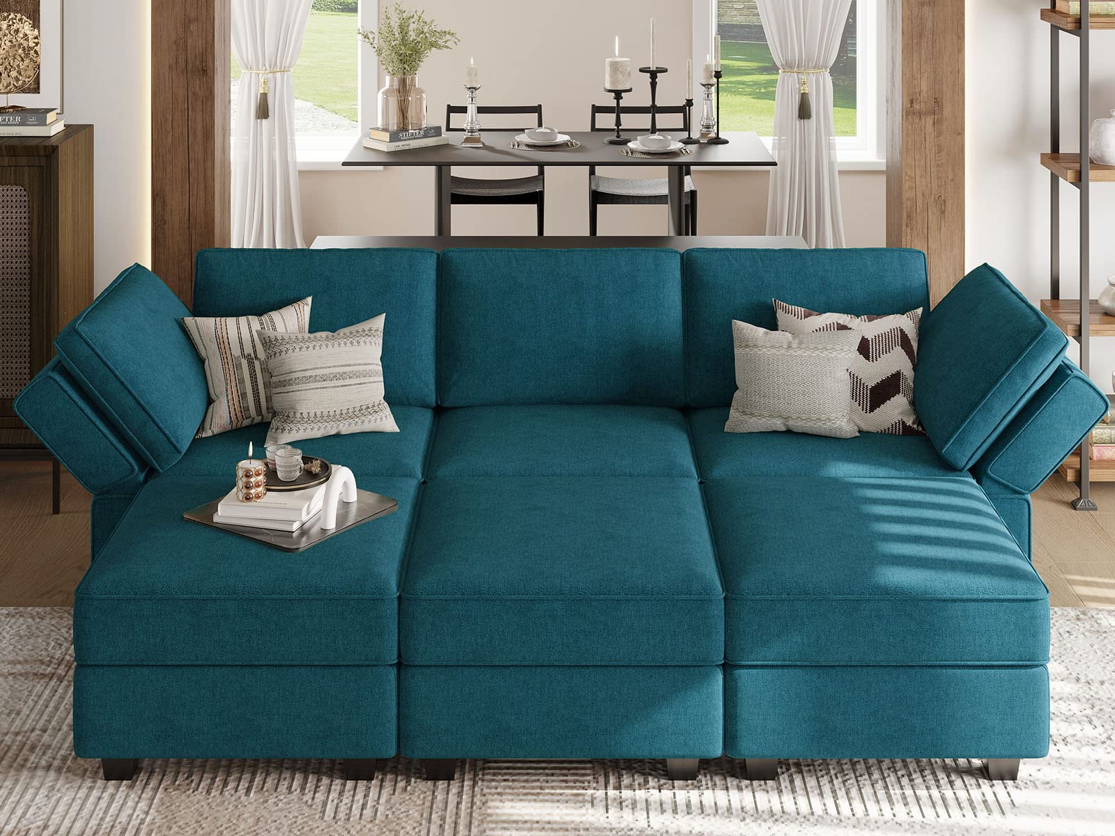Belffin Terry Fabric Modular Sectional Sleeper Sofa Bed with Storage Convertible Sectional Couches for Living Room 6 Seaters Peacock Blue Modular Sofa Sleeper 2 Peacock Blue