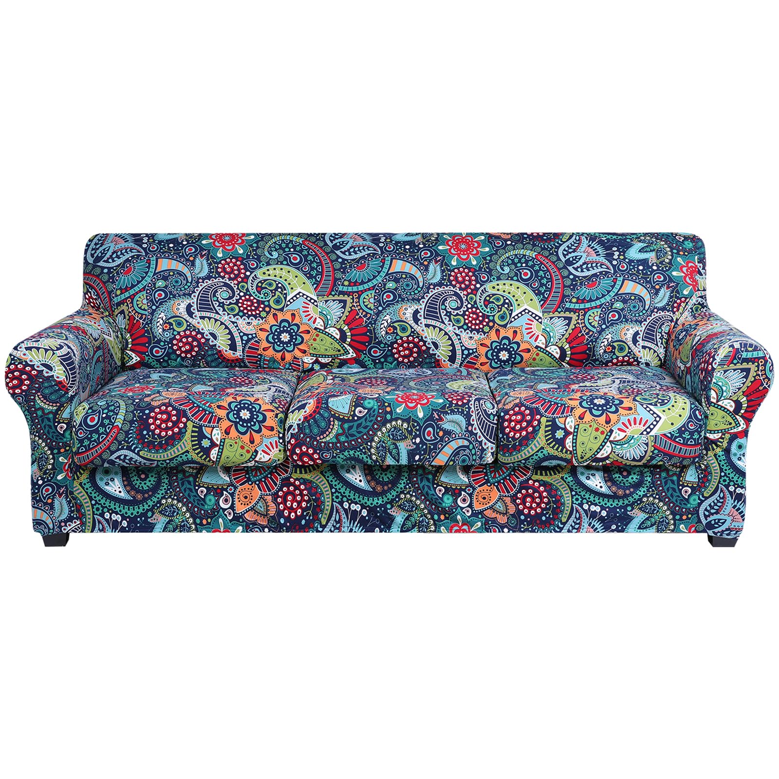 hyha Couch Cover, Floral Pattern, Stretch, Printed, 4 Pieces, Sofa Slipcovers, for 3 Separate Cushion Couch, Washable Furniture Protector for Dogs(Paisley Floral) Blue Green Large