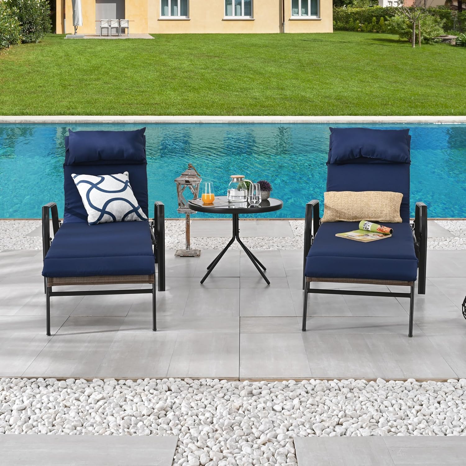 LOKATSE HOME 3-Piece Outdoor Patio Chaise Lounge Set — Dark Blue Cushions