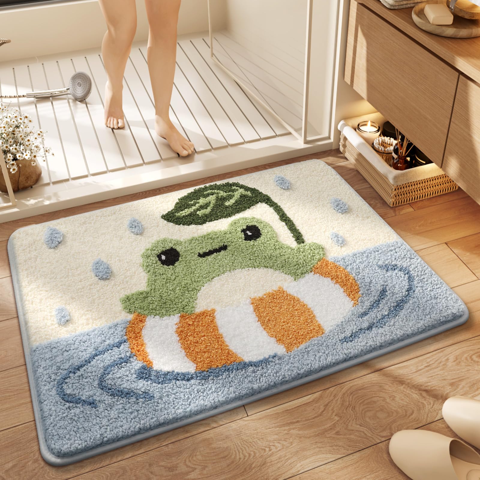 Ankah Bath Mat Cute Shower Rug, Luxury Shaggy High Absorbent and Anti Slip, Machine Washable Fit for Bathtub, Shower and Bath Room, (17.71"x 25.59", Pool Frog) Pool Frog 1'6" x 2'2" (Rectangular)