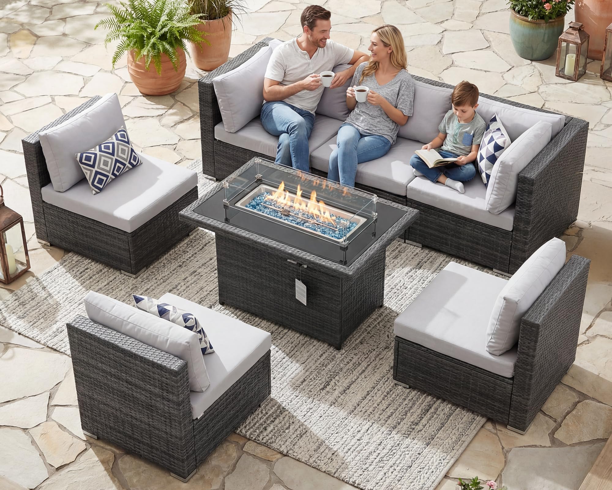 NICESOUL Large Wicker Sectional with Firepit