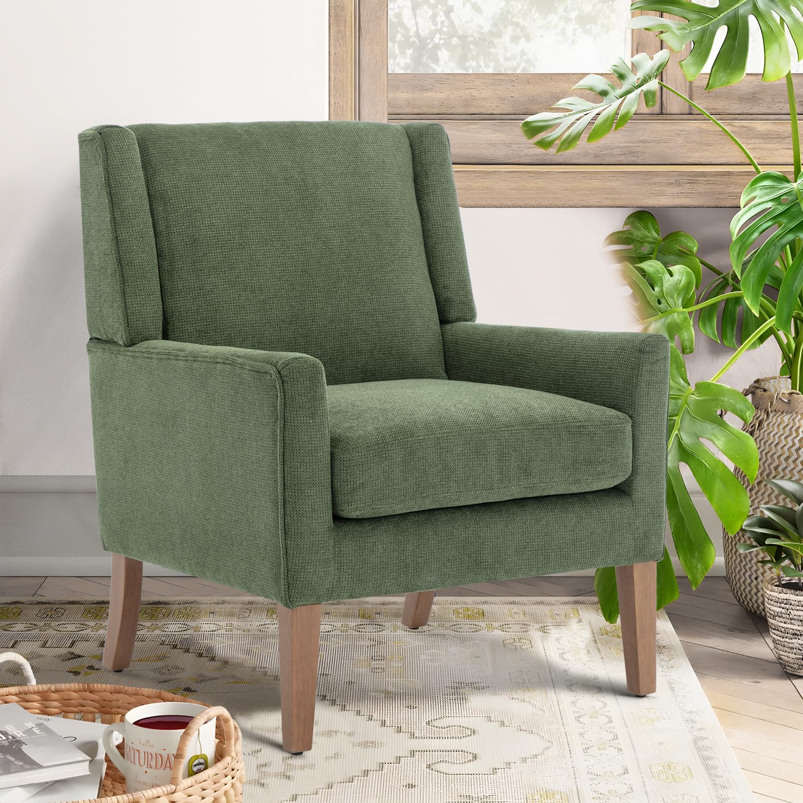 COLAMY Modern Wingback Chair — Chenille Upholstered Armchair with Wood Legs (Green)