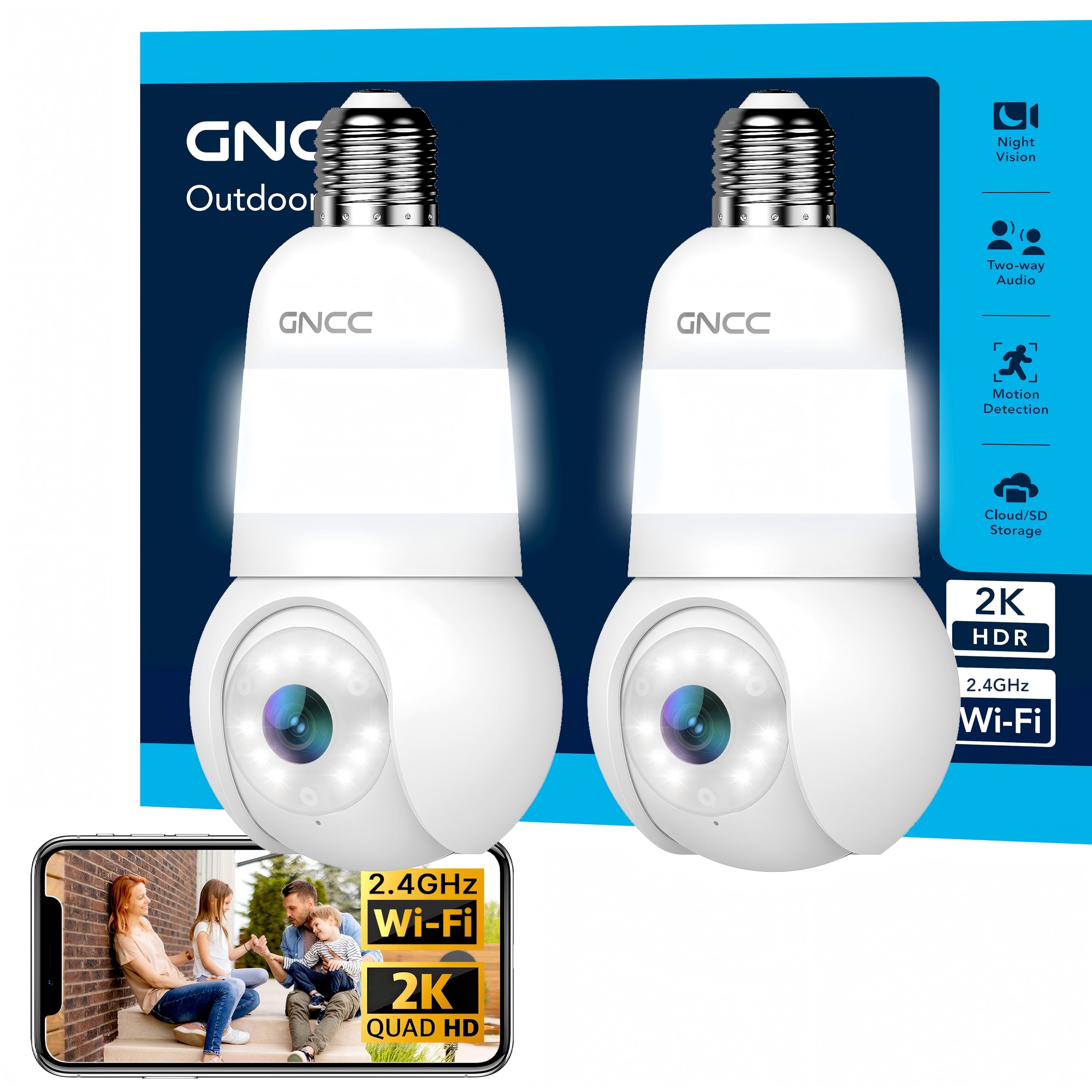 GNCC 2K Light Bulb Security Camera, 2.4GHz Only, 355° Wireless Outdoor Camera, Full-Color Night Vision (2-Pack)