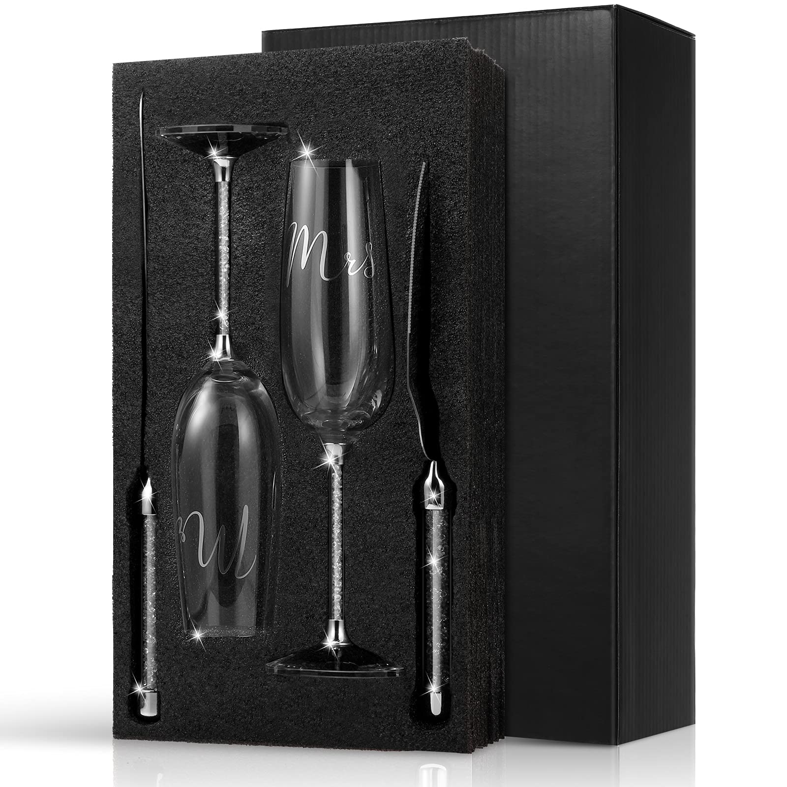 Boao 4 Piece Wedding Cake Knife and Champagne Flutes Server Set (Silver)