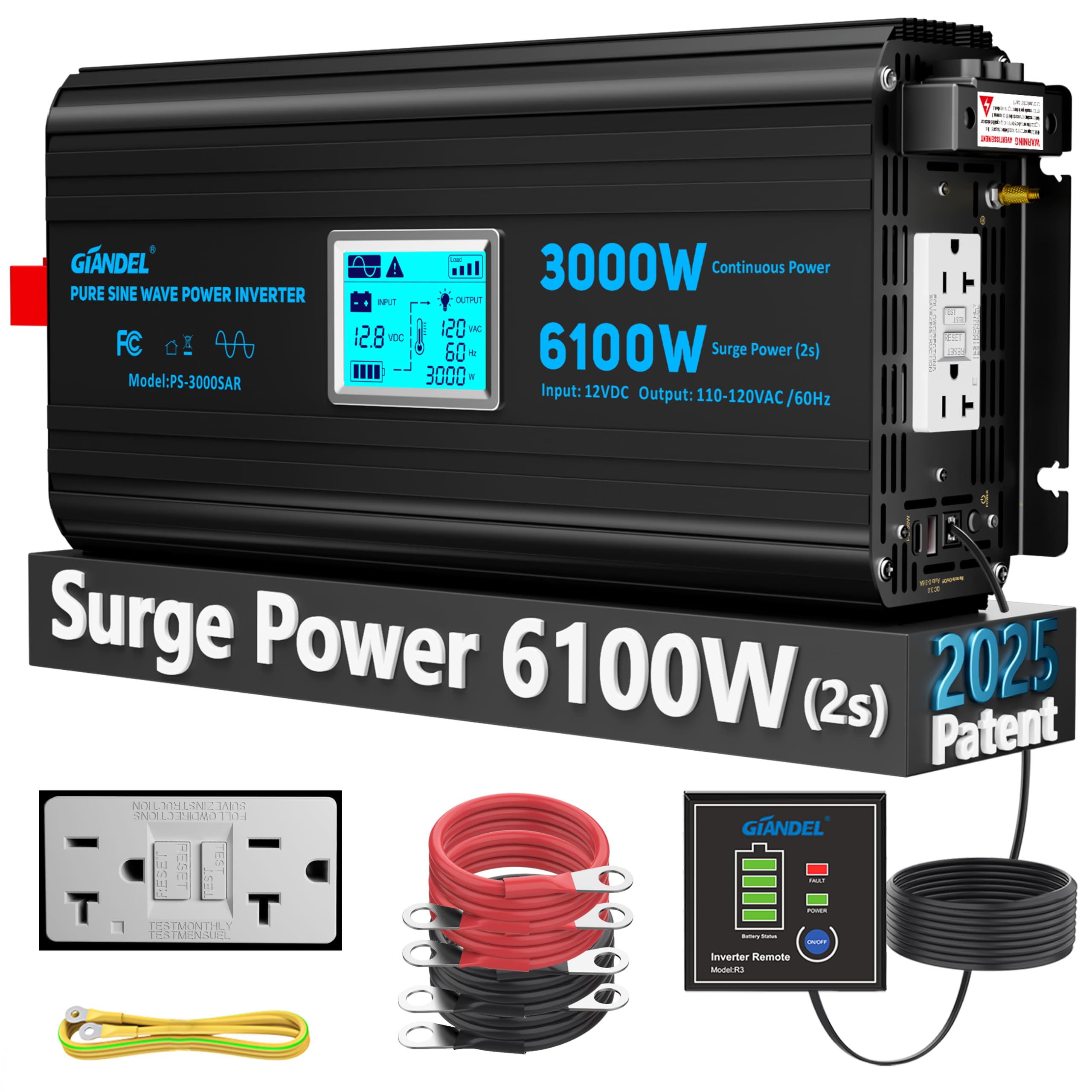 3000 Watt Power Inverter Pure Sine Wave with 6100Watt Surge for 2S 12V DC to 120V AC Converter,UL Listed GFCI outlets, Lithium Battery Compatible for RVs,Off-Grid Solar Power Inverter by GIANDEL 3000W-GFCI