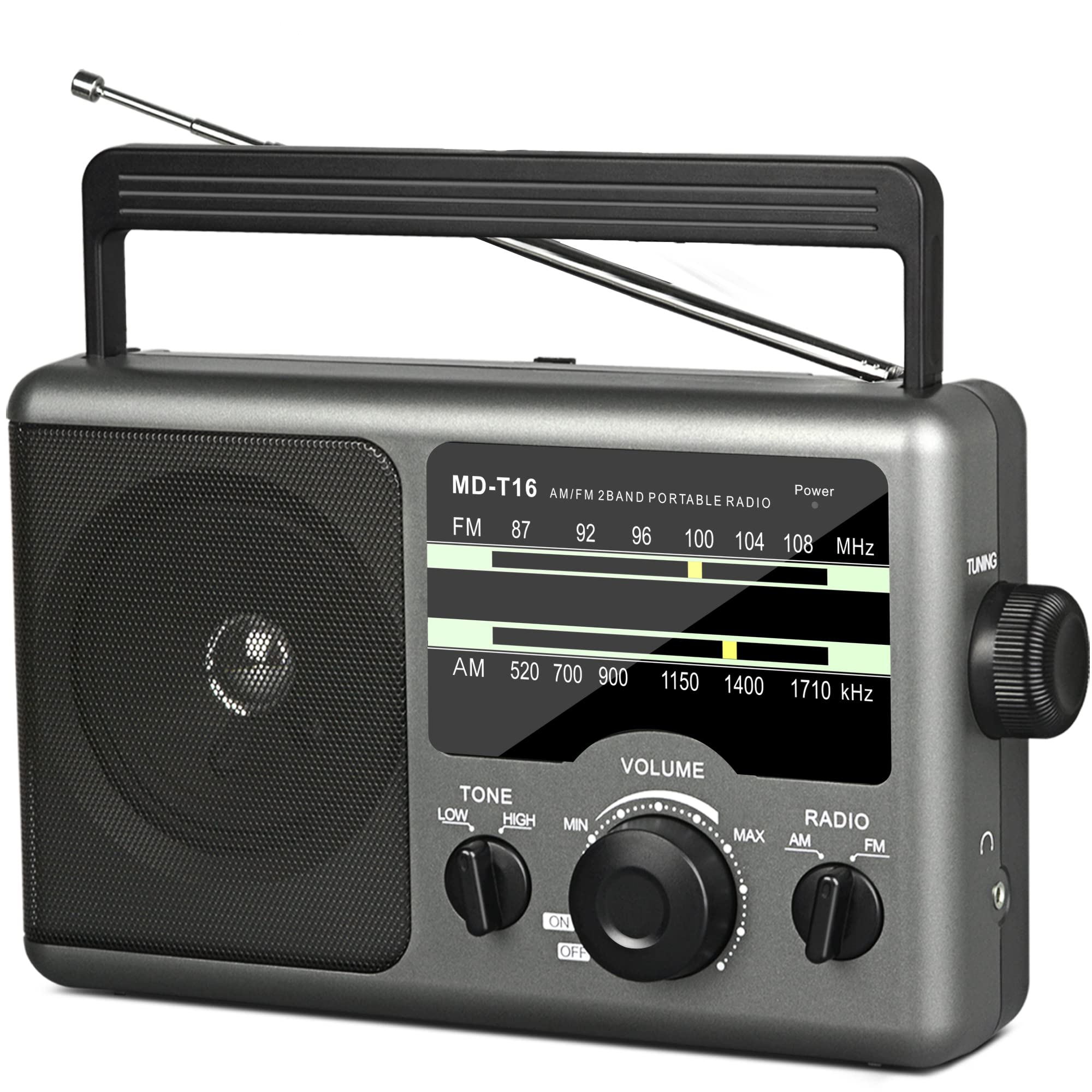 AM FM Portable Radio Battery Operated by 4X D Cell Batteries Or AC Power Transistor Radio with and Big Speaker, Standard Earphone Jack, High/Low Tone Mode, Large Knob