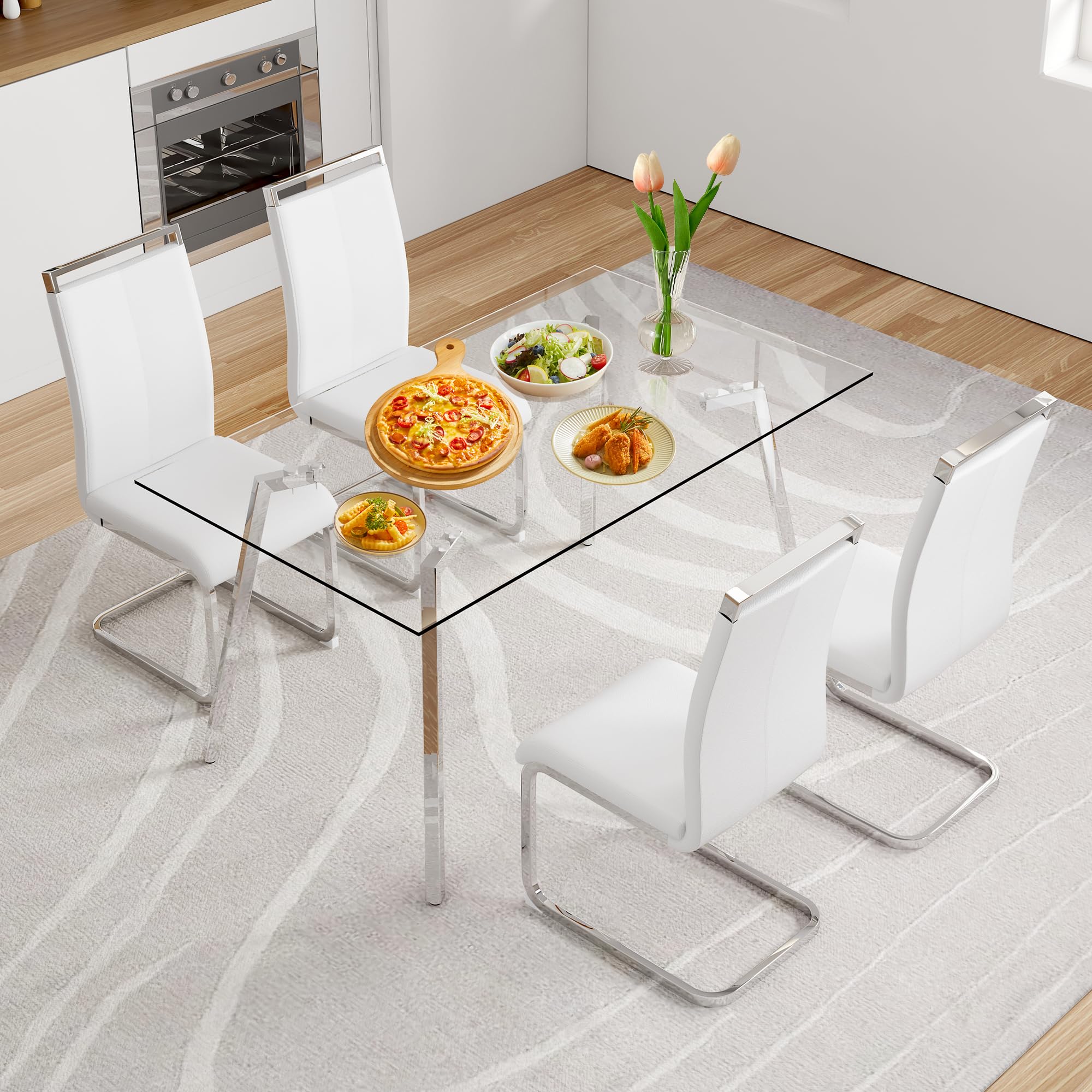 51-inch Tempered Glass Dining Set with White PU Chairs
