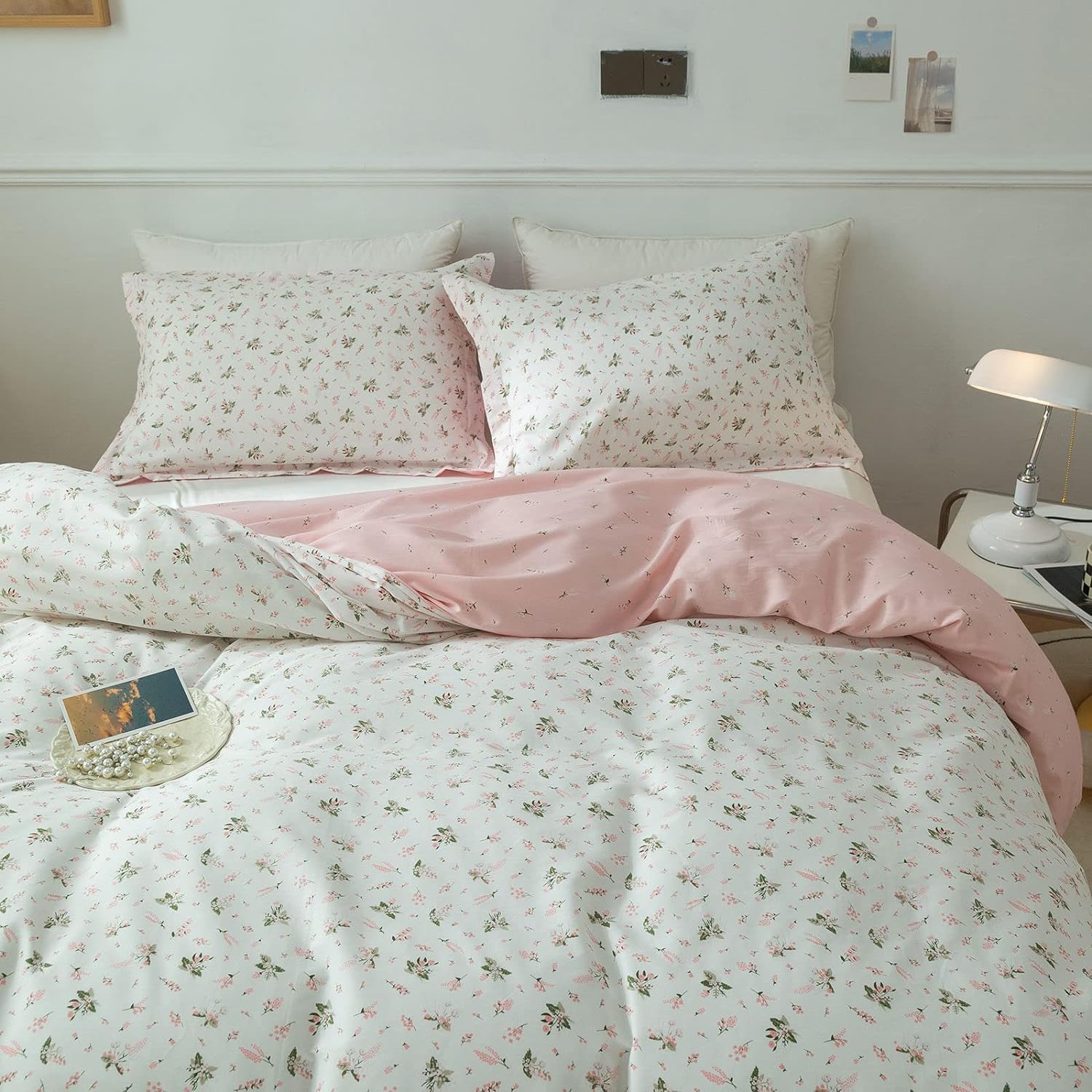 AMWAN Pink White Floral Cotton Duvet Cover (Queen)