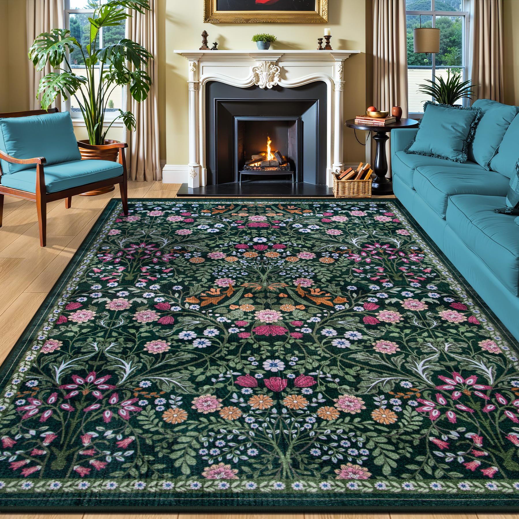 8x10 Area Rugs for Living Room: Floral Washable Rug Vintage Large Soft Boho Non-Slip Dark Green