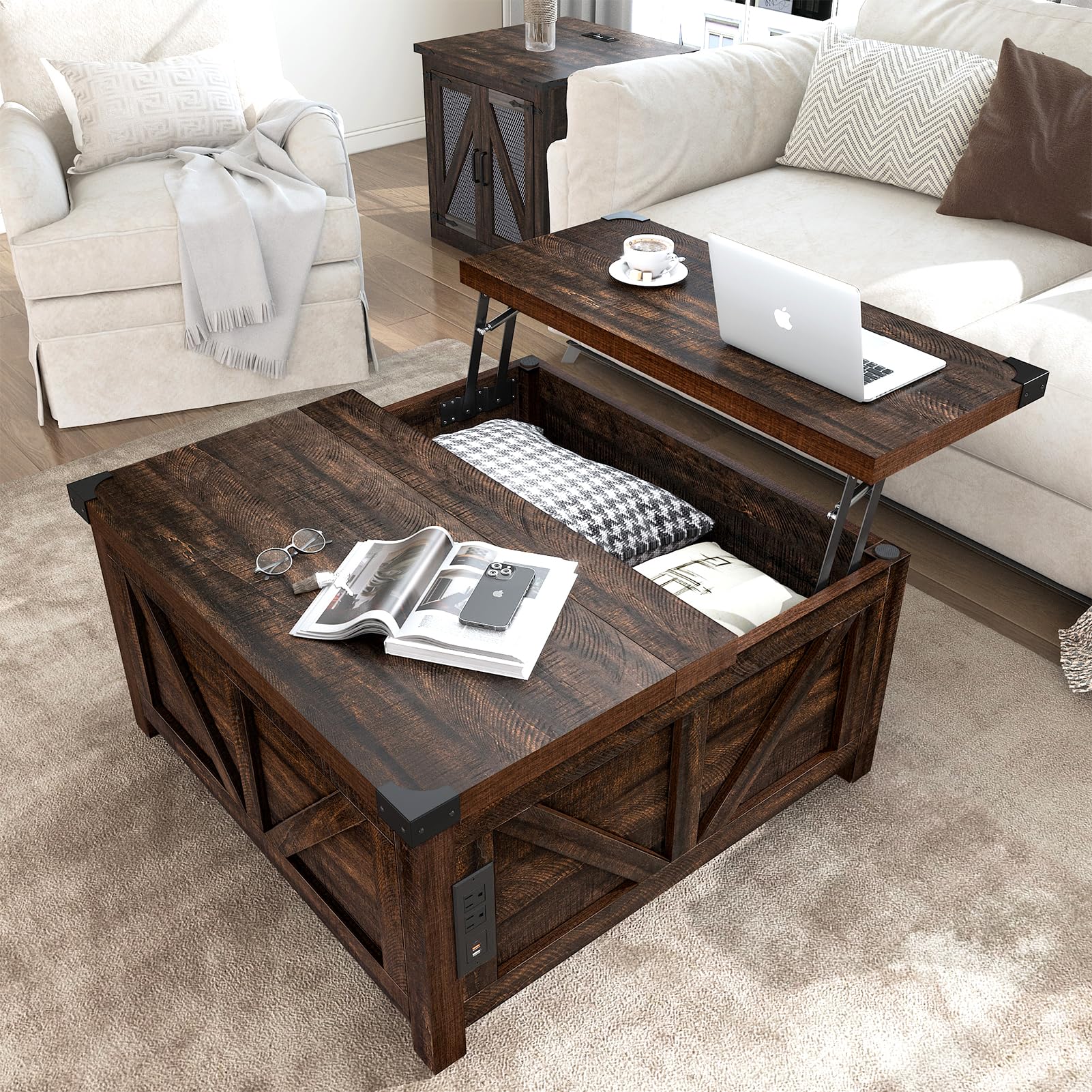 Farmhouse Lift Top Coffee Table with Charging Station