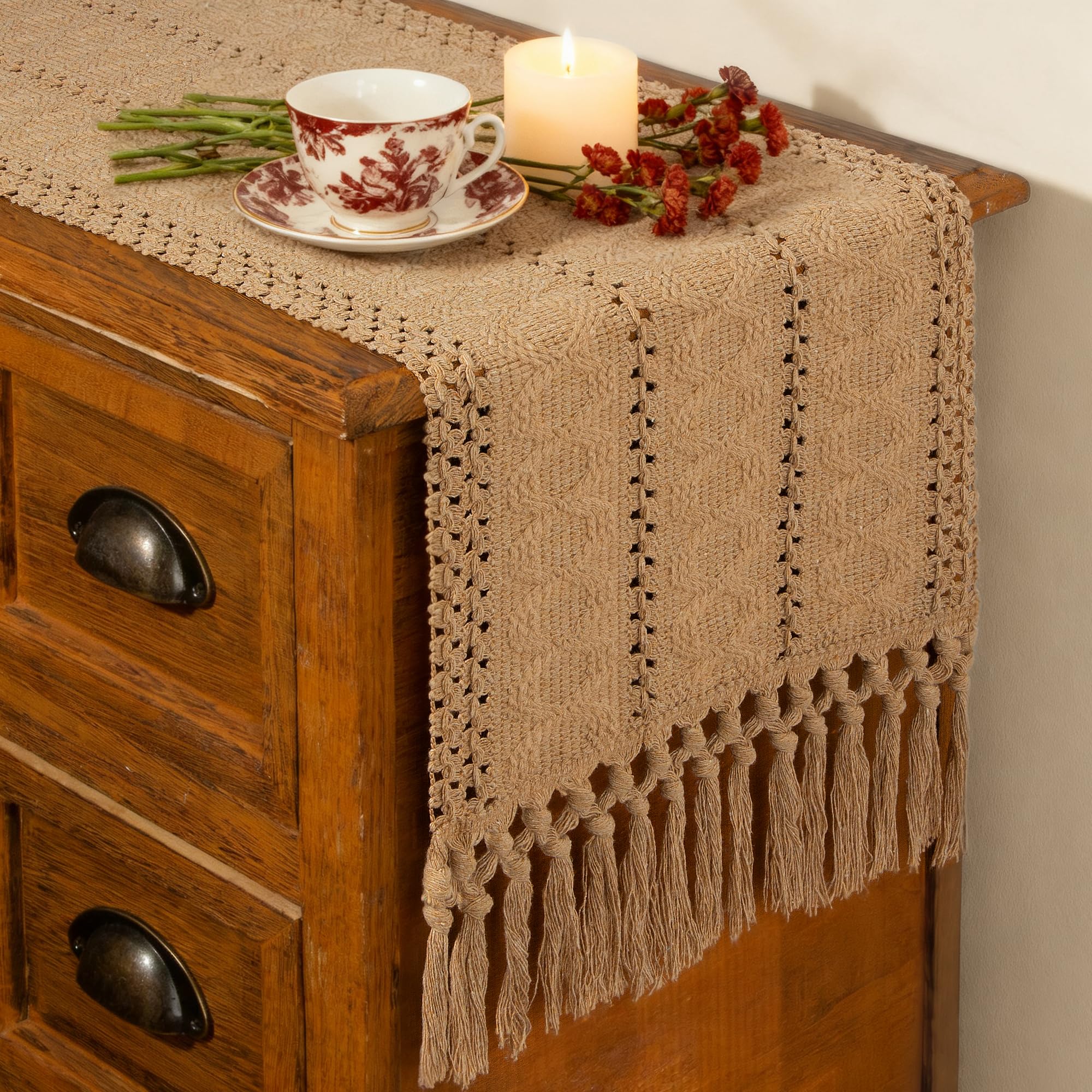 FEXIA Brown Boho Tassel Runner