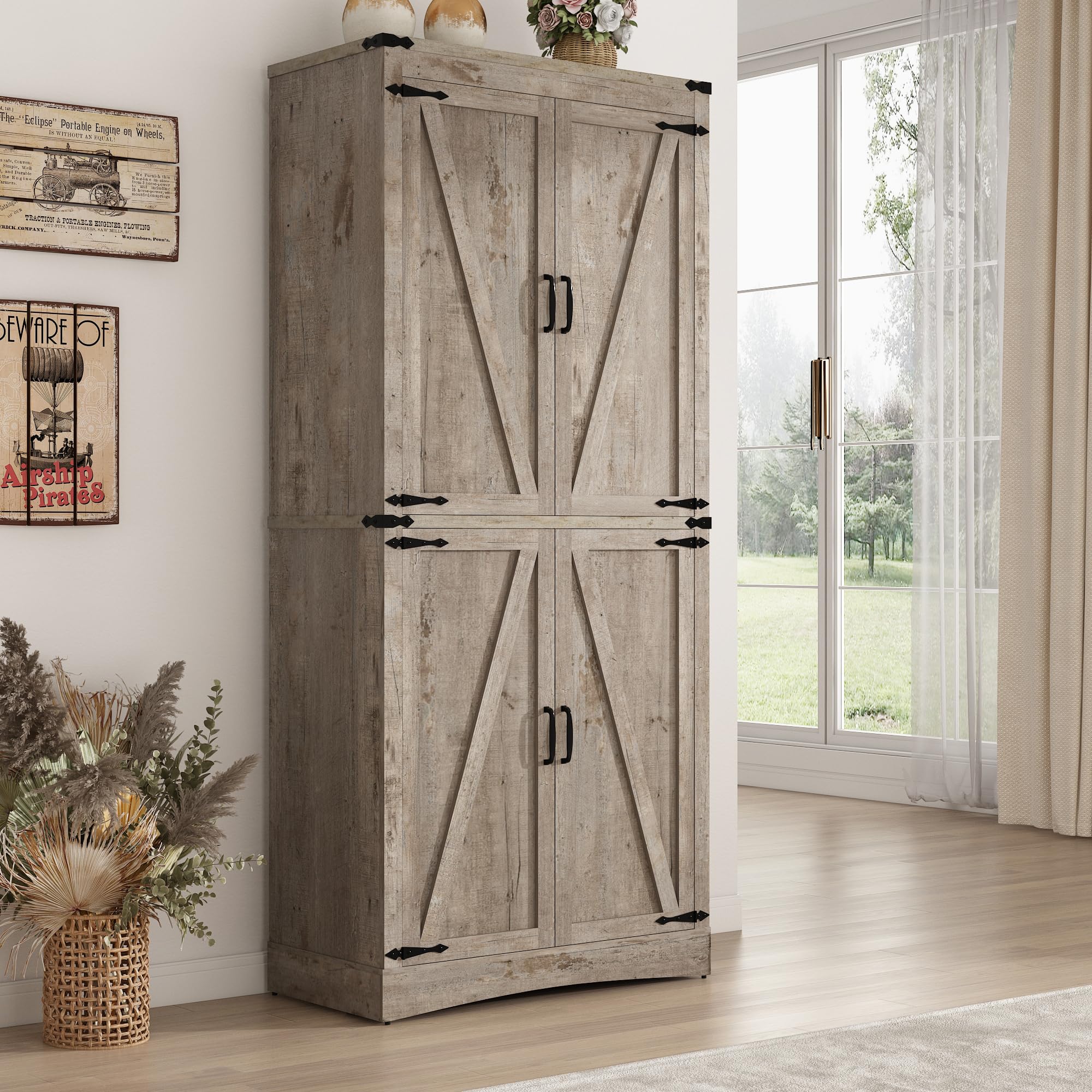 71" Farmhouse Pantry Cabinet with Steel Pipe Support