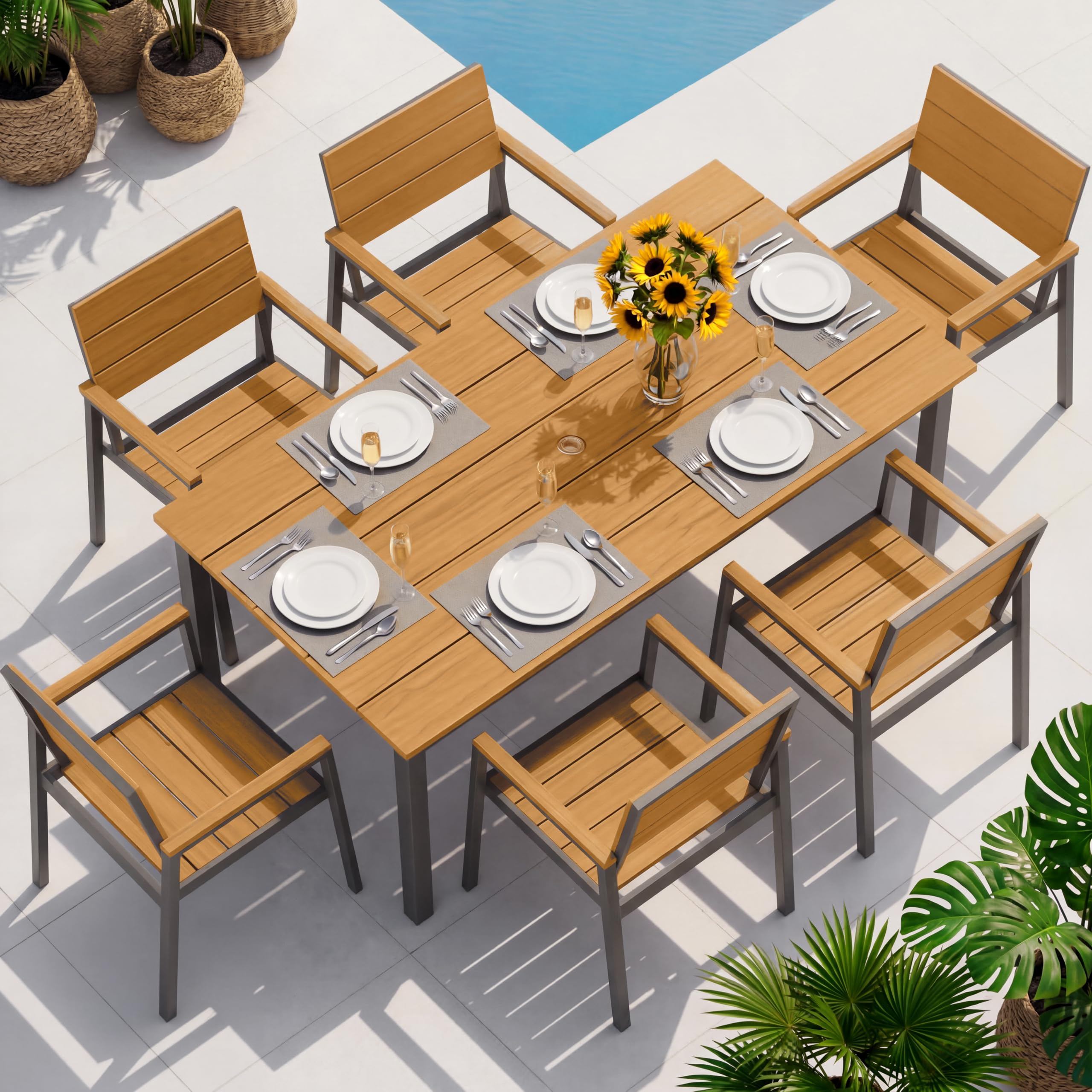 Aluminum 7-Piece Dining Set (Gray & Teak)