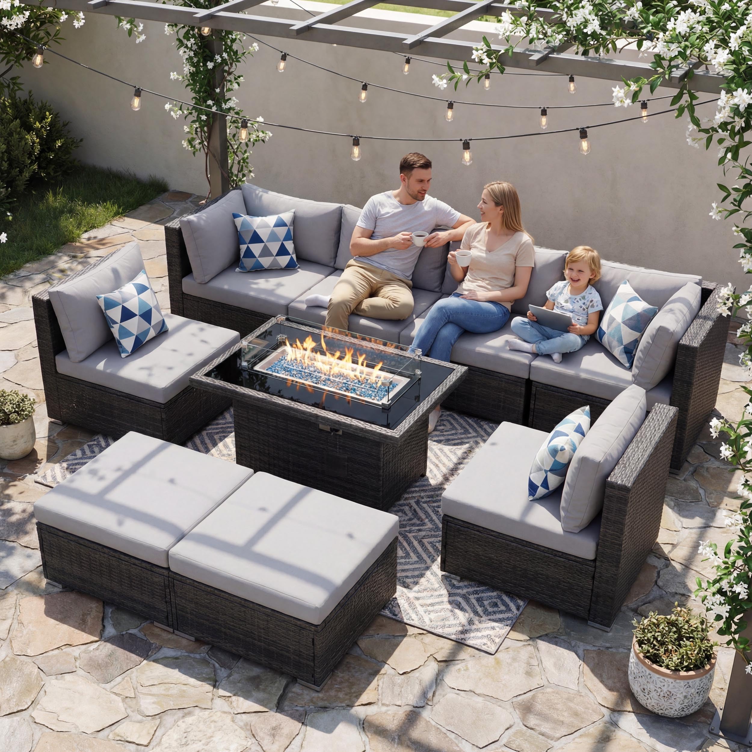 NICESOUL 9-Piece Modular Conversation Set with Firepit