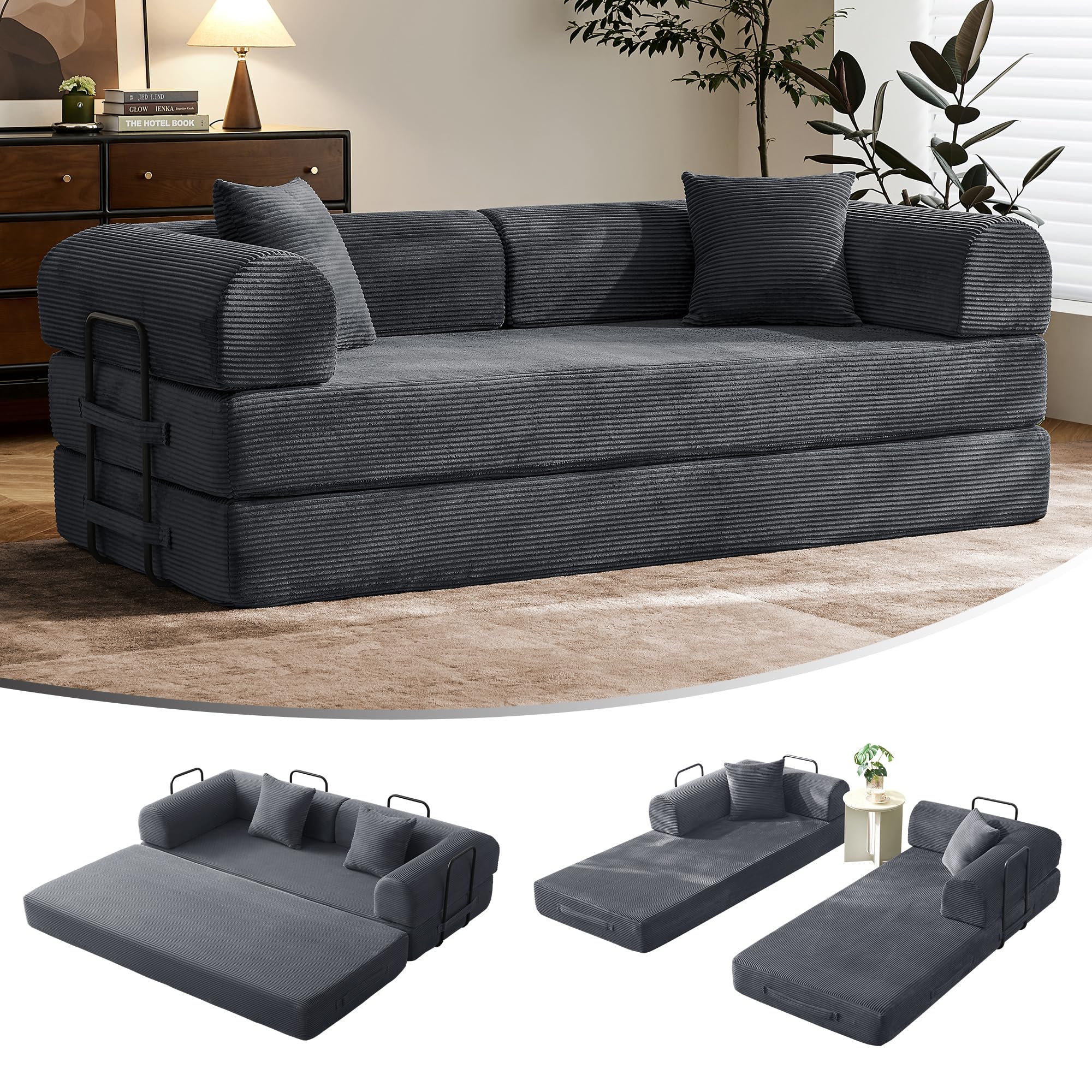 79" Floor Sofa Bed, 5-in-1 Convertible Sleeper Sofa with Removable Armrests, Corduroy Fabric Sofa Couch, No Assembly Required for Living Room, Dorm, Studio (Dark Gray) Charcoal Gray