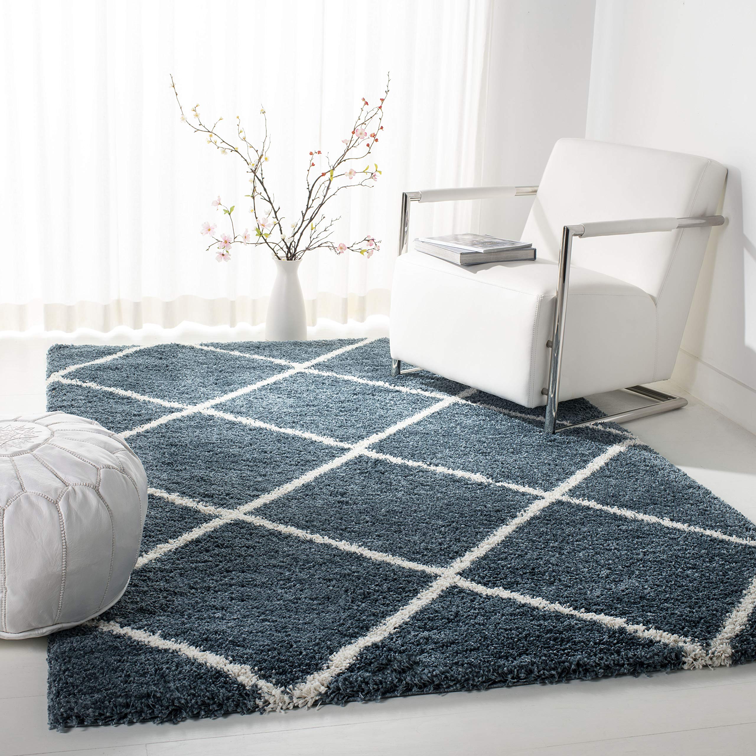 SAFAVIEH Hudson Shag Collection Area Rug - 8' x 10', Slate Blue & Ivory, Modern Trellis Design, Non-Shedding & Easy Care, 2-inch Thick Ideal for High Traffic Areas in Living Room, Bedroom (SGH281L) 8" x 10" (Rectangular) Slate Blue/Ivory