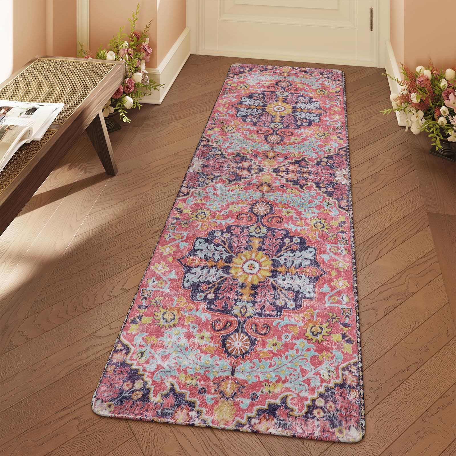 Lahome Reine Bohemian Floral Medallion Runner 2' x 6' — Fuchsia/Multi