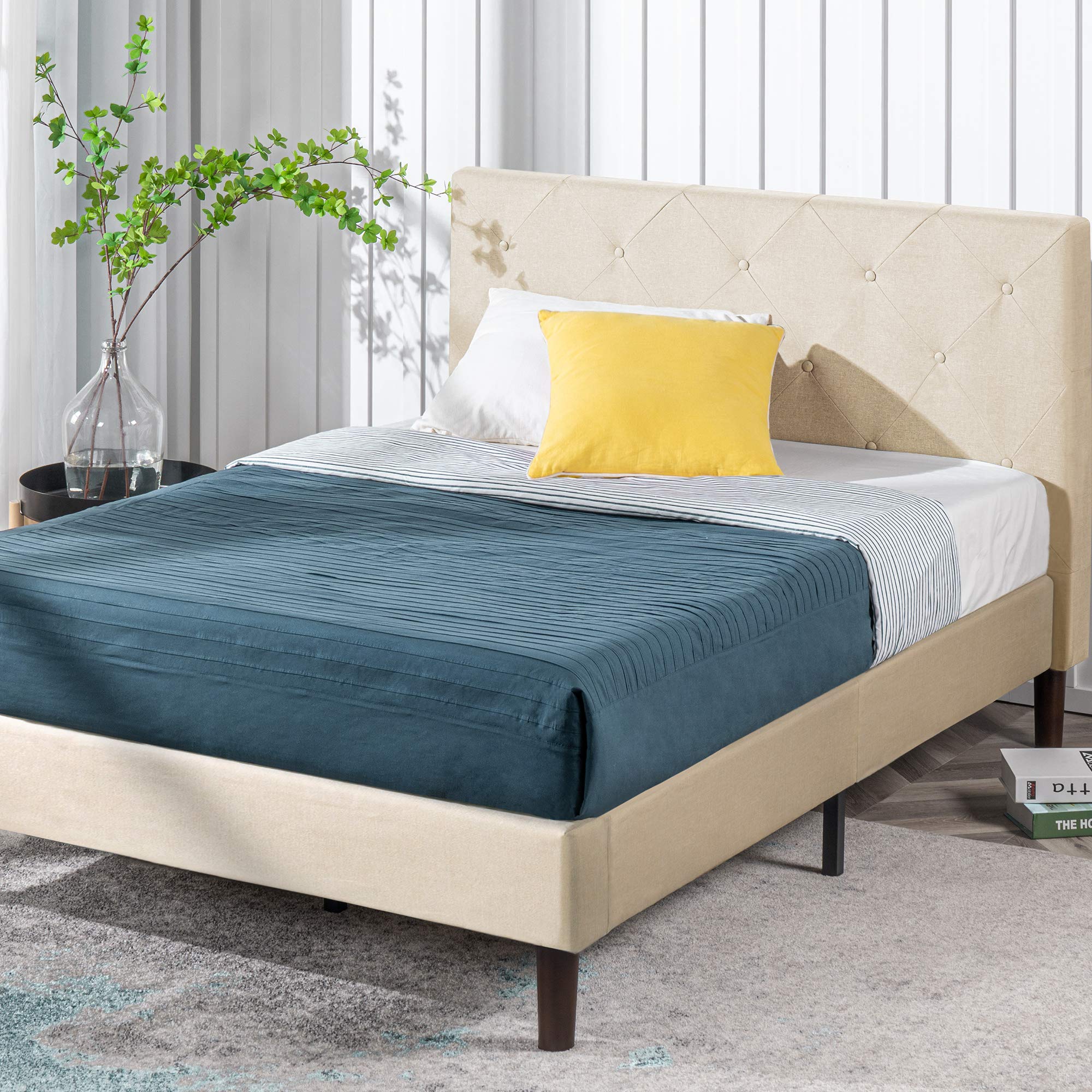 Zinus Shalini Upholstered Platform Bed Frame — Queen, Beige Tufted