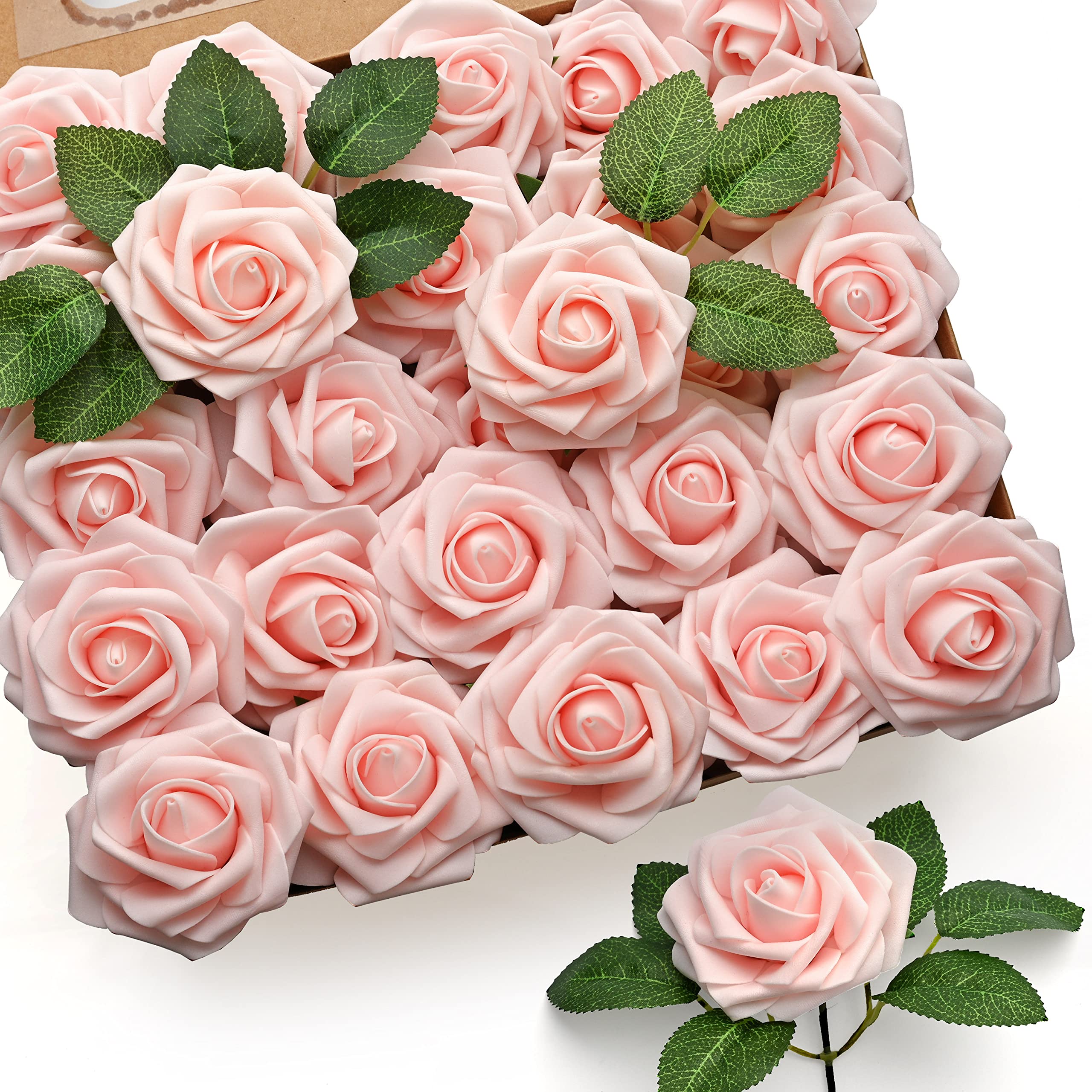 Mocoosy 50Pcs Artificial Roses — Blush Pink Foam Roses with Stem