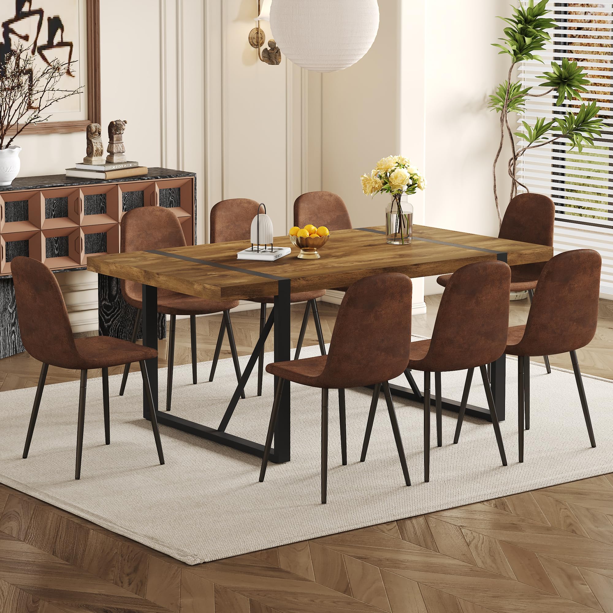 Dining Table Set for 8 — Modern Dark Wood Table + 8 Fabric Chairs