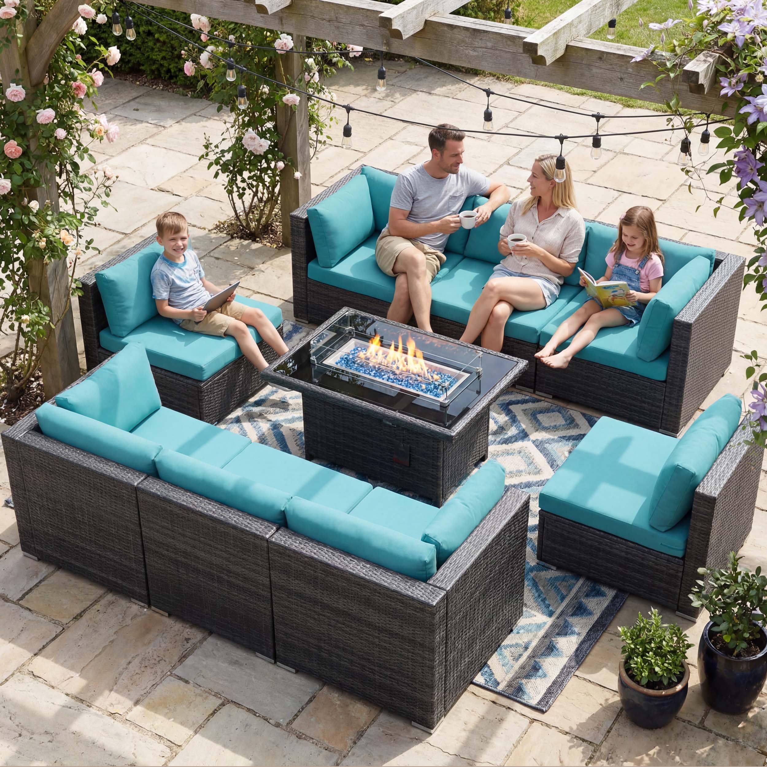 NICESOUL Extra-Large 9-Piece Outdoor Patio Furniture Set with Fire Pit Table