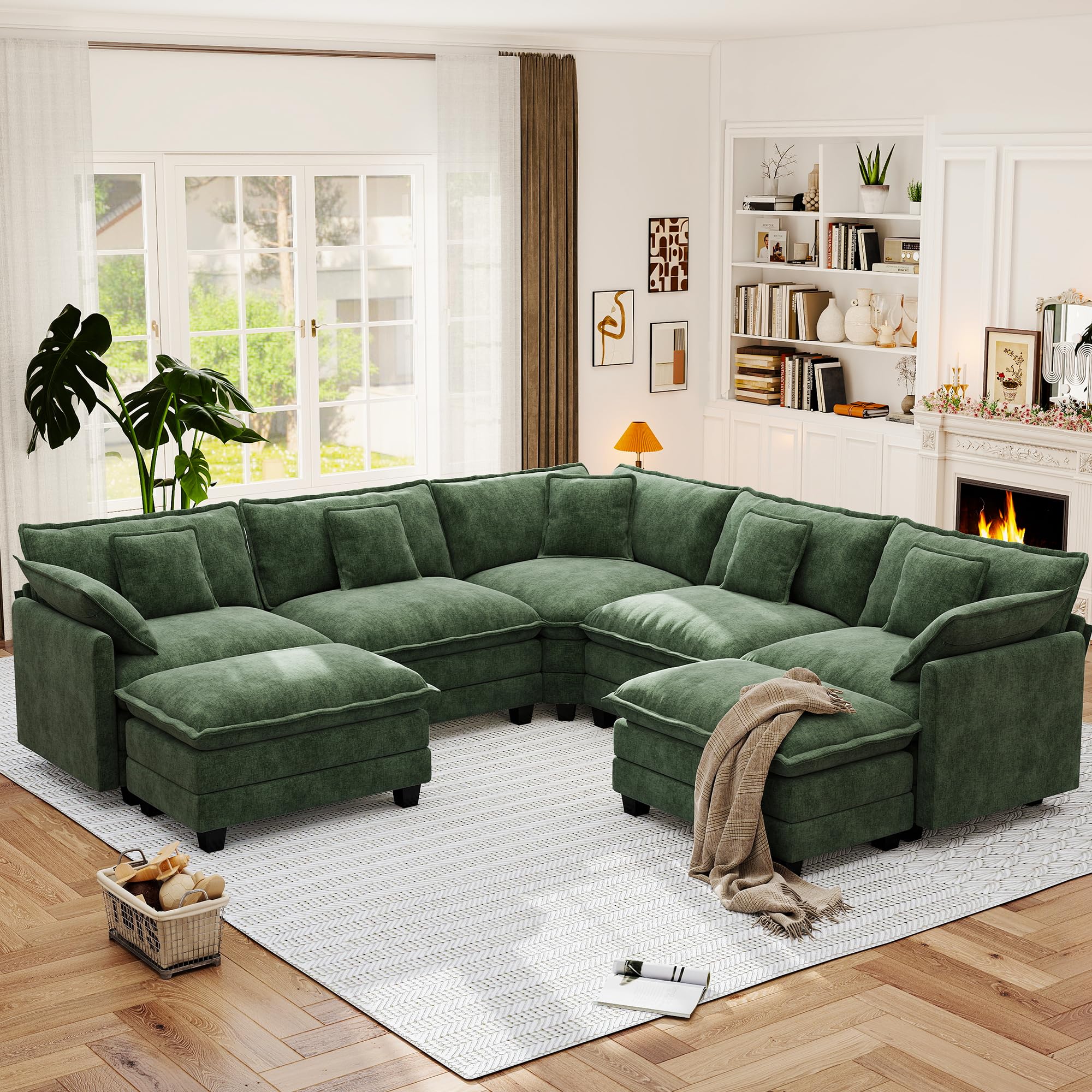 113.8" Modular Sectional Sofa,Cloud Couch for Living Room,Modern Deep Seat Sofa 5 Seater Chenille Fabric Comfy L Shaped Couches with Throw Pillows & Movable Ottoman for Apartment 5 Seats & 2 Ottomans Green