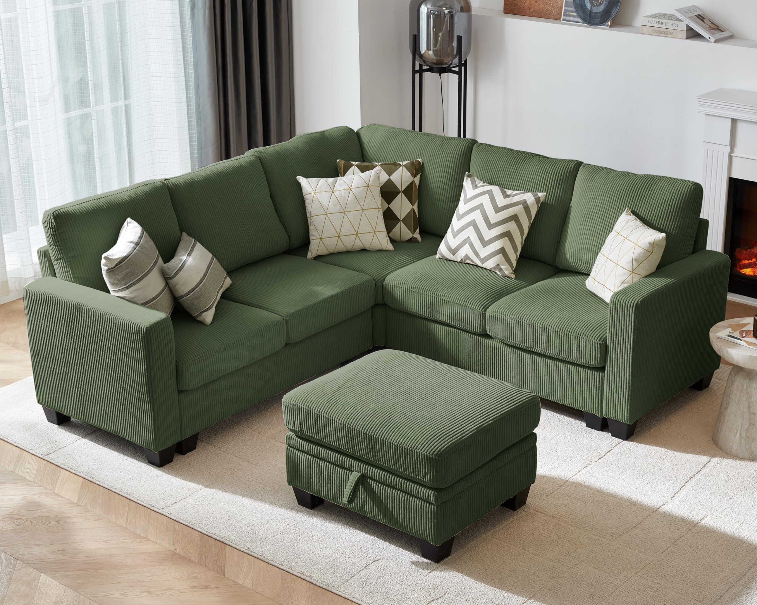 CHIC HOUSE Modular Sectional Couch, Corduroy L-Shaped Sleeper with FSC Wood Frame (Green)
