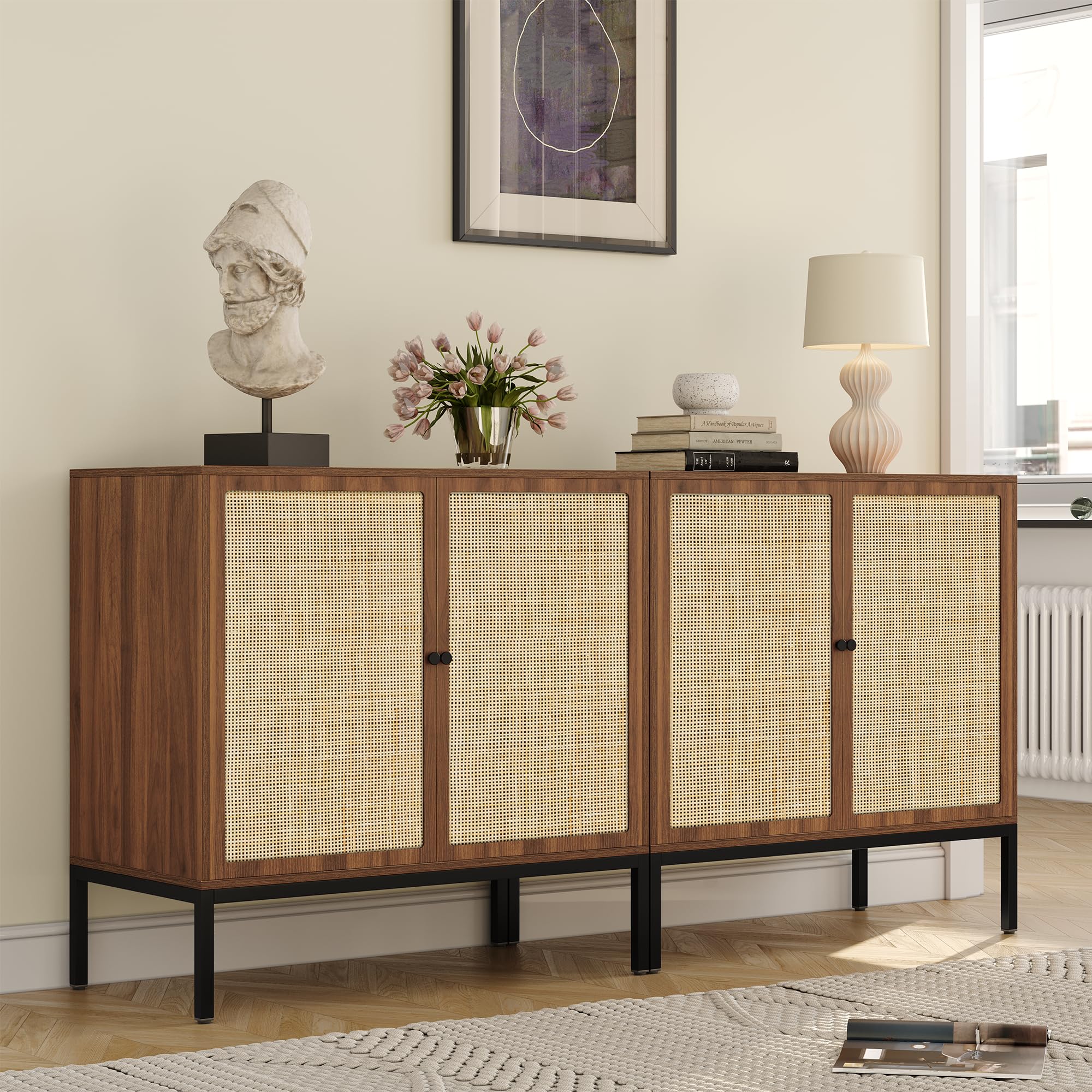 Yechen Walnut Sideboard with Rattan Doors (Set of 2)