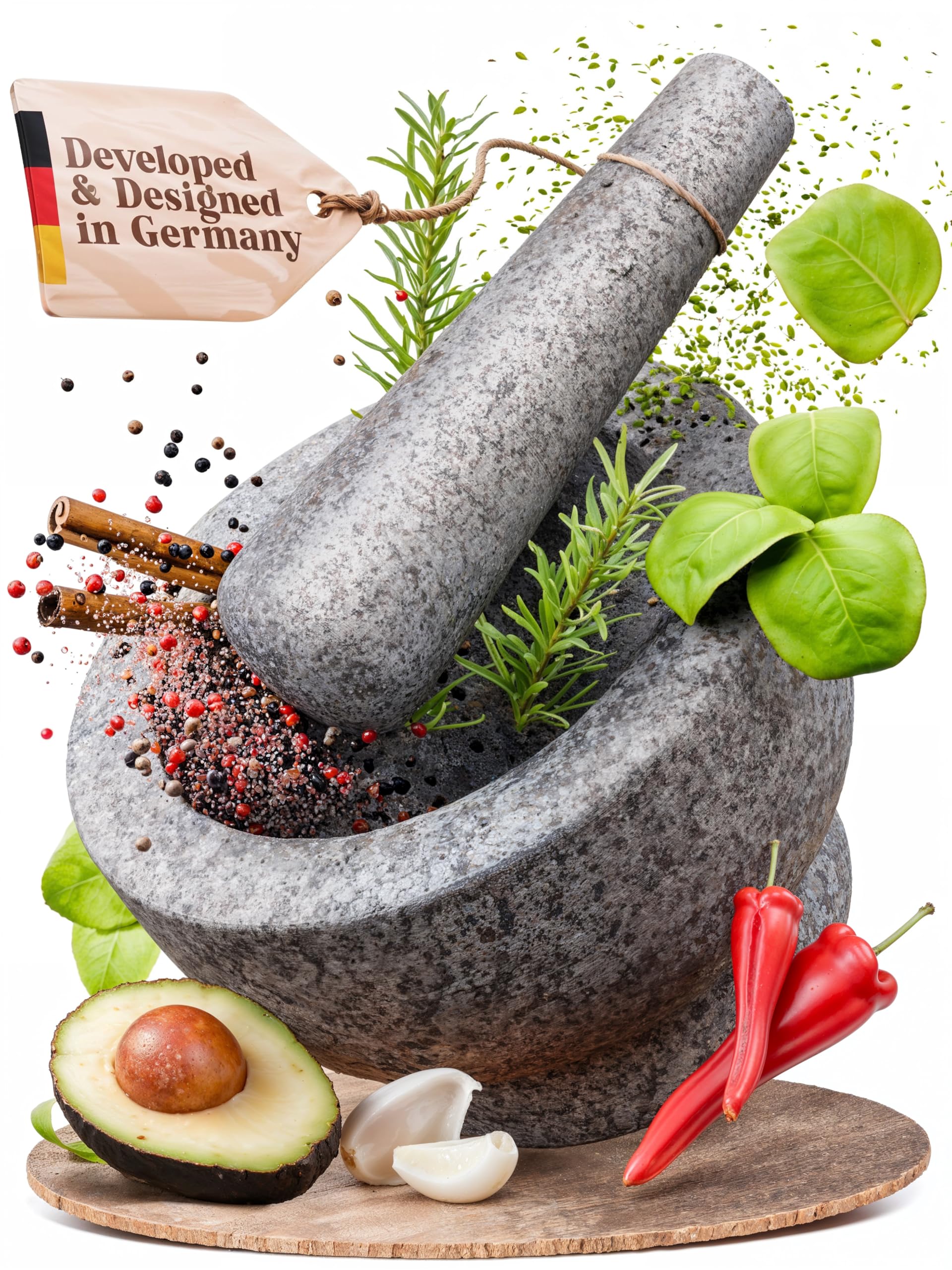 ChefSofi Mortar and Pestle Set - 6 Inch - 2 Cup Capacity - Unpolished Heavy Granite
