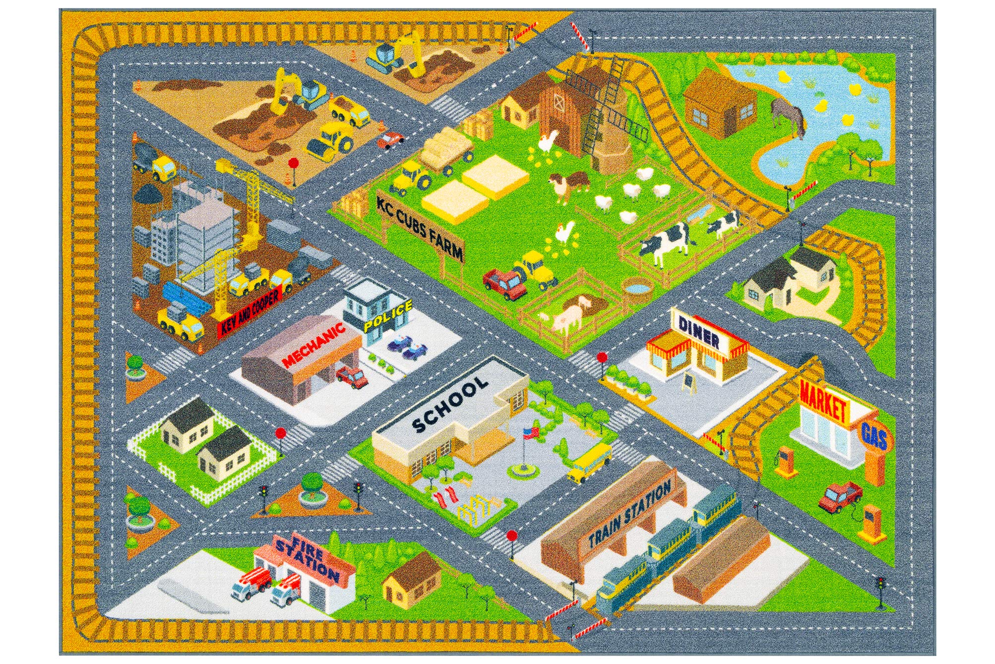 KC Cubs: Educational Rug: Country Farm Construction Road Map – 8x10' Playmat - Interactive Car Route