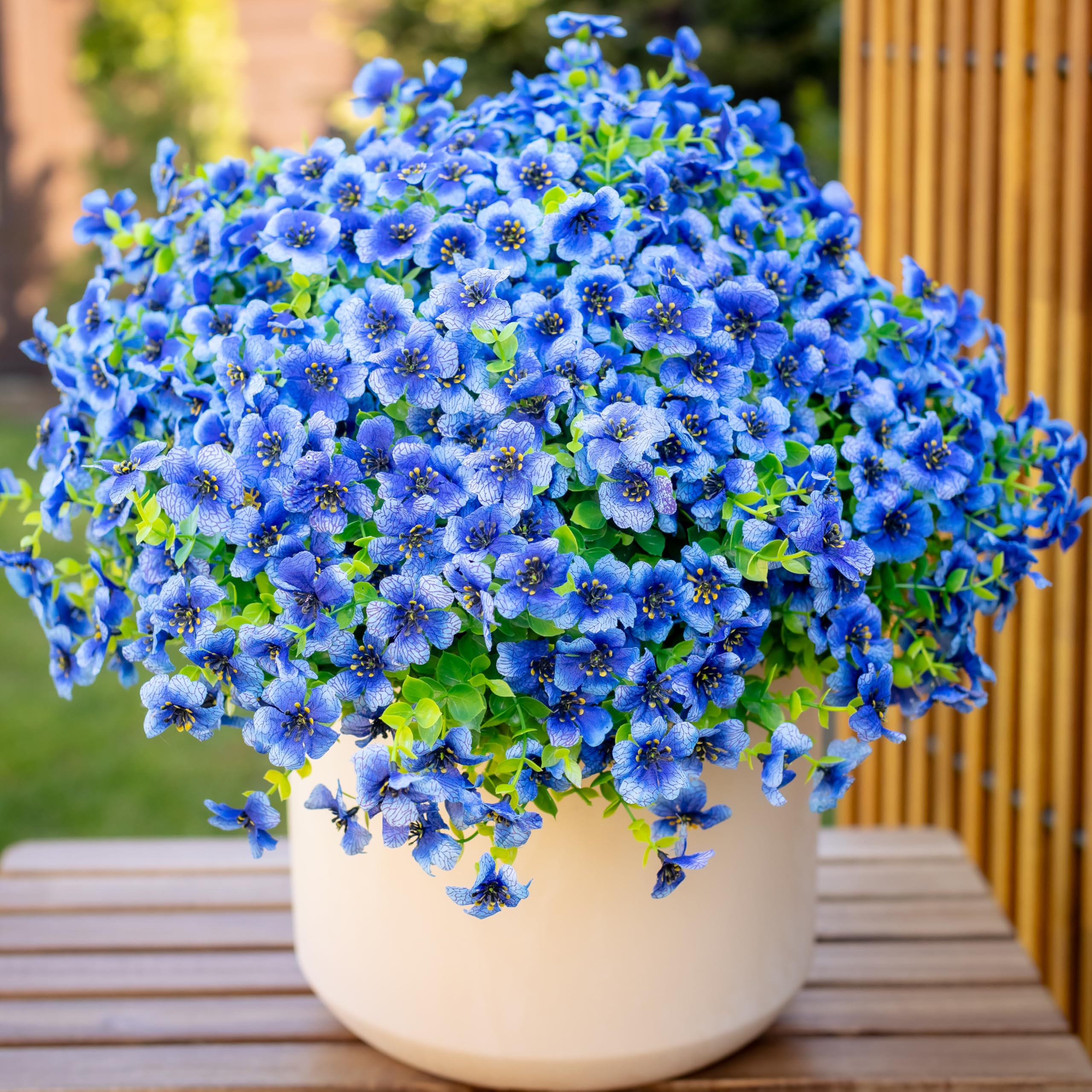 Artificial Flowers for Outdoors — 16 Bundles Faux Outside Greenery (Blue)
