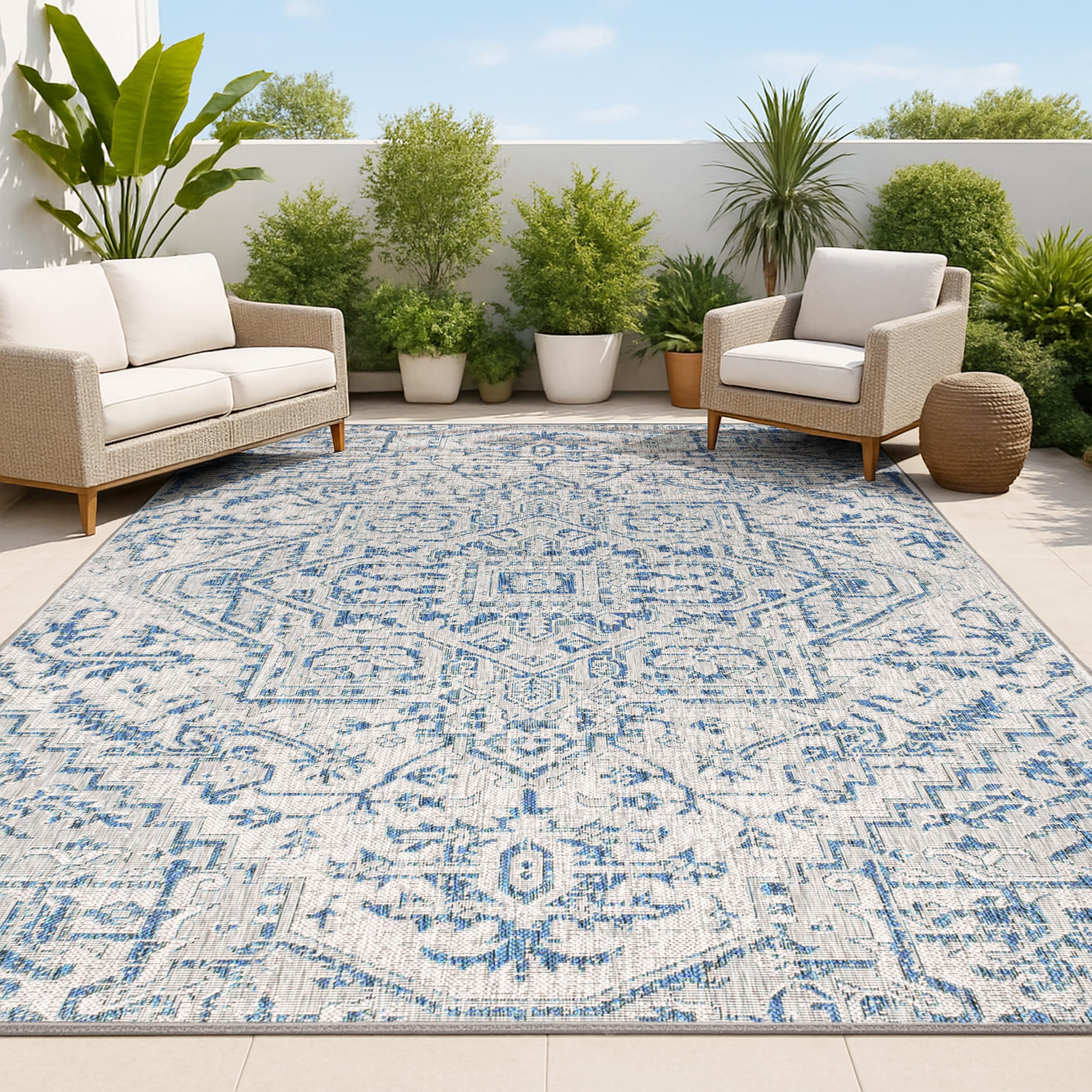 JONATHAN Y Boho Medallion Indoor/Outdoor Rug 7'9 x 10' — Navy/Gray